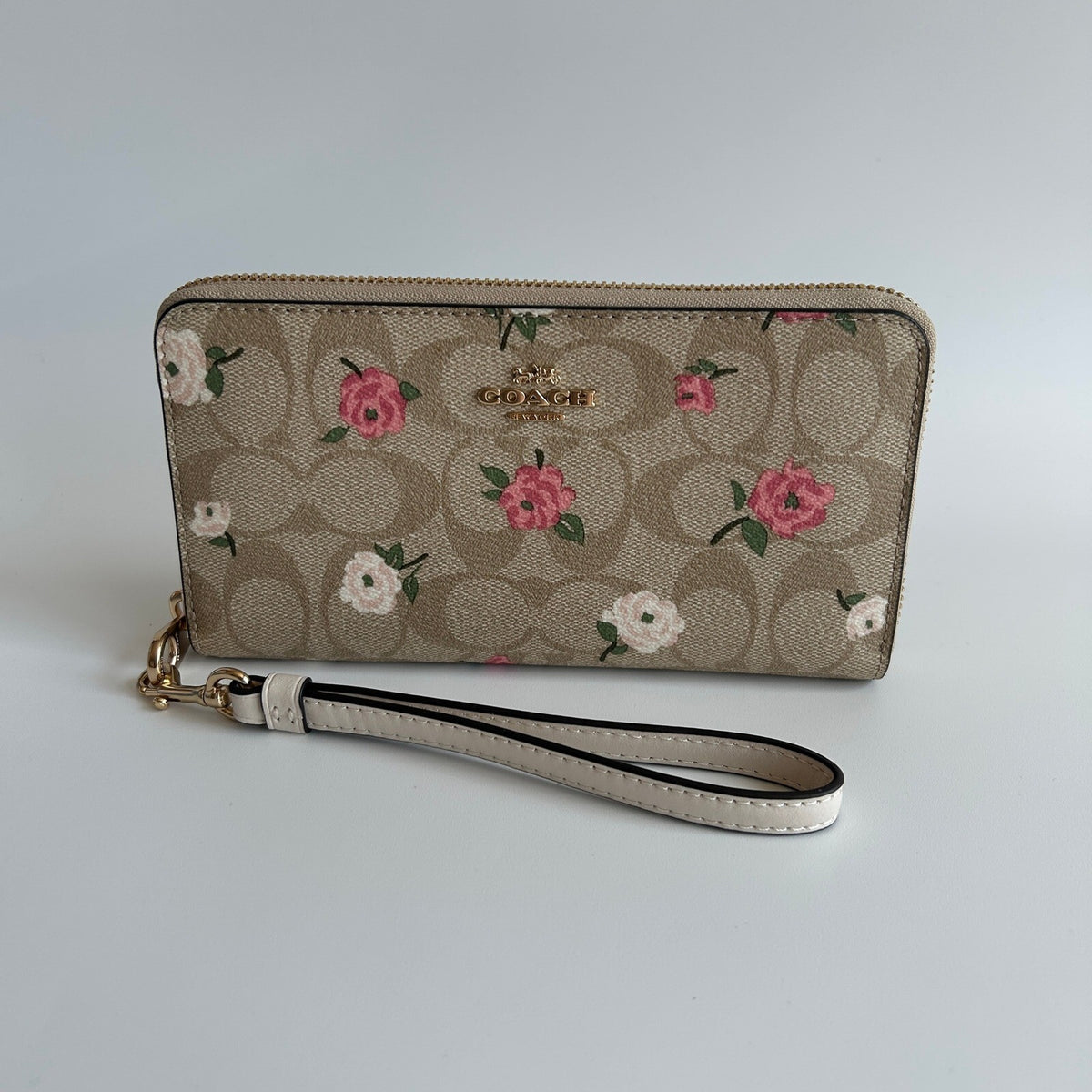 Coach Long Zip Around Wallet Khaki Multi Floral Signature Canvas C4452