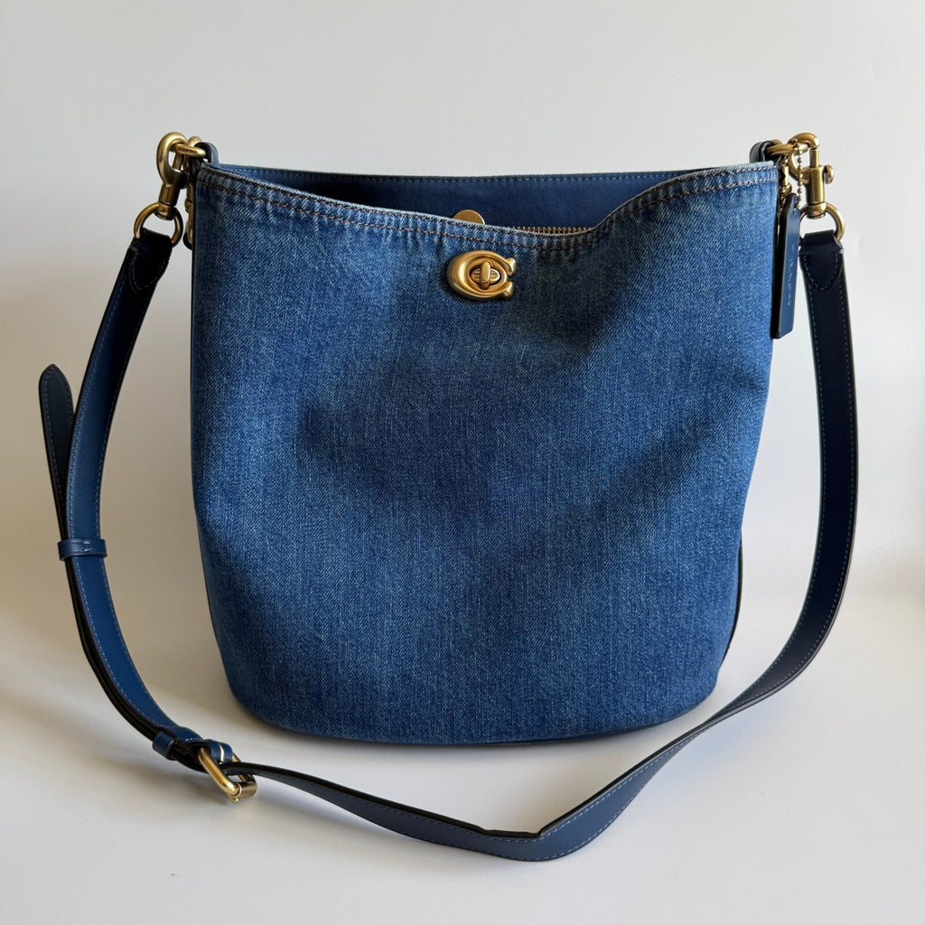 Coach Willow Bucket Bag Navy Blue Denim Leather Shoulder Crossbody CAT44