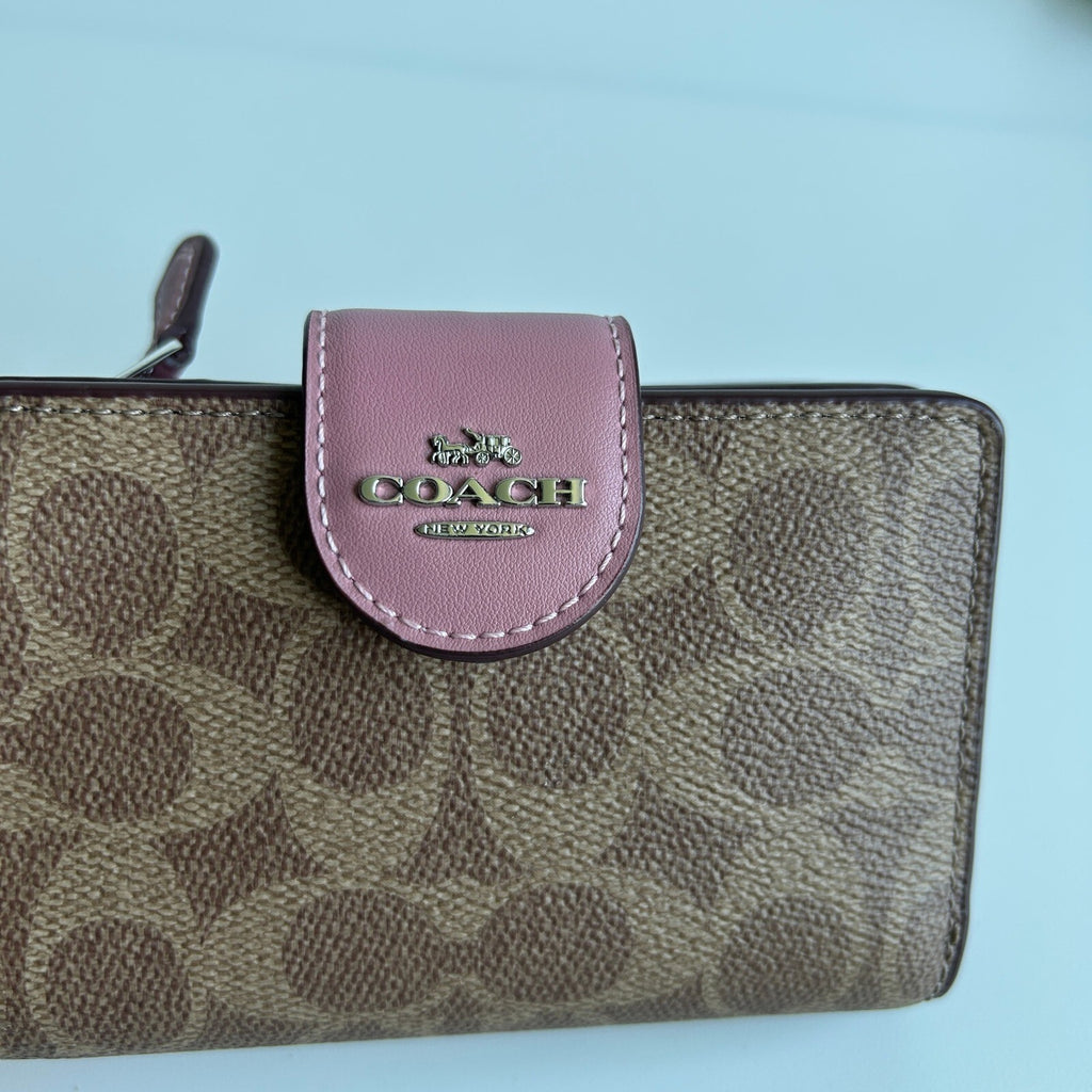 Coach Medium Corner Zip Wallet Brown Pink Signature Canvas Wallet C0082