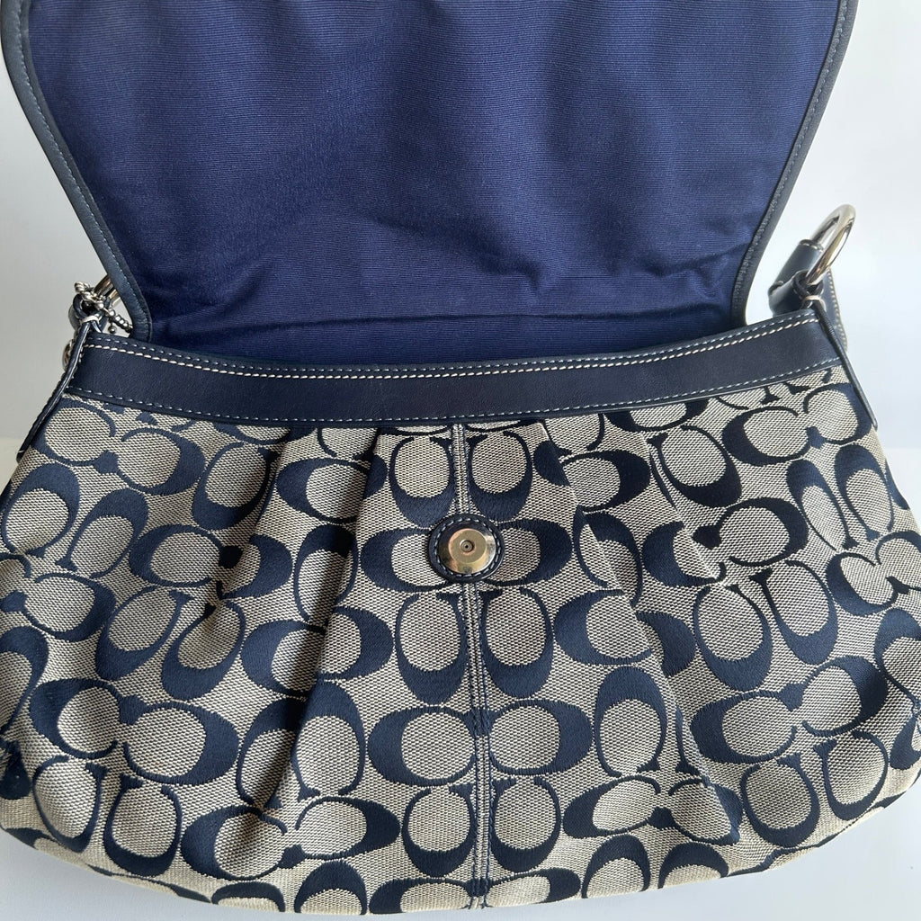 Coach Soho Pleated Flap Navy Gray Canvas Hobo Bag F13739