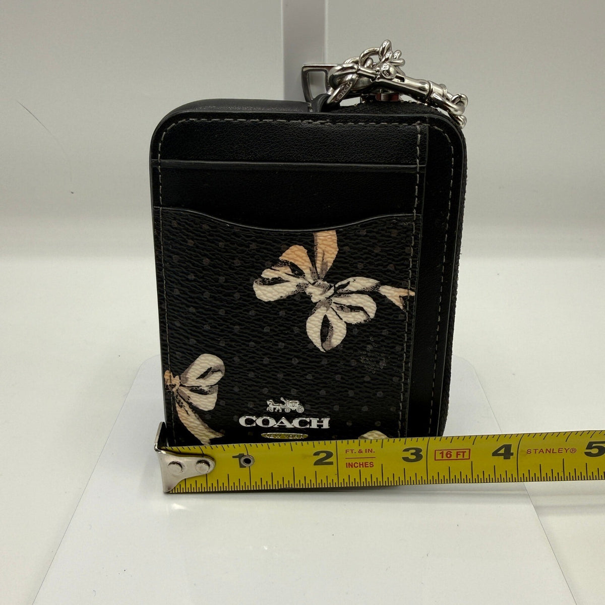 Coach Zip Card Case Black Multi Bow Print Canvas Leather Wallet CZ466
