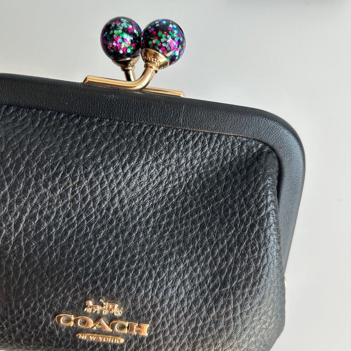 Coach Nora Kisslock Card Case Black Leather Glitter Wallet C2132