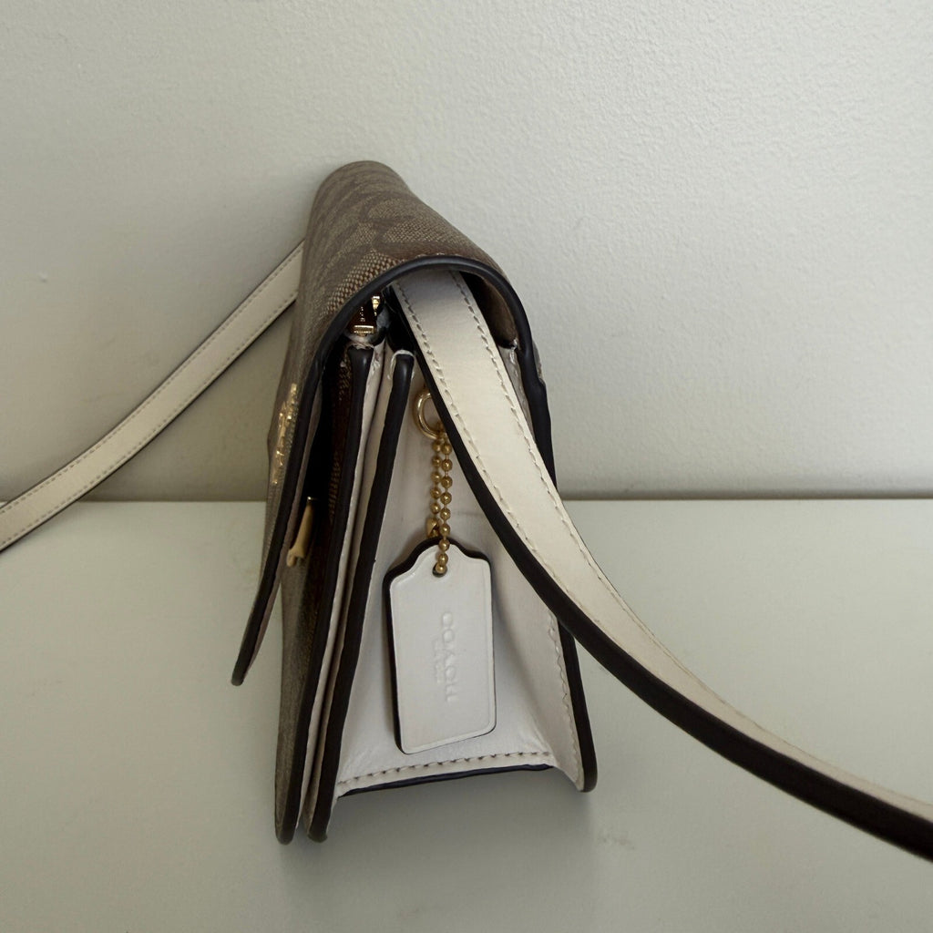 Coach Mini Brynn Flap Crossbody Bag Khaki Chalk Signature Canvas C5592