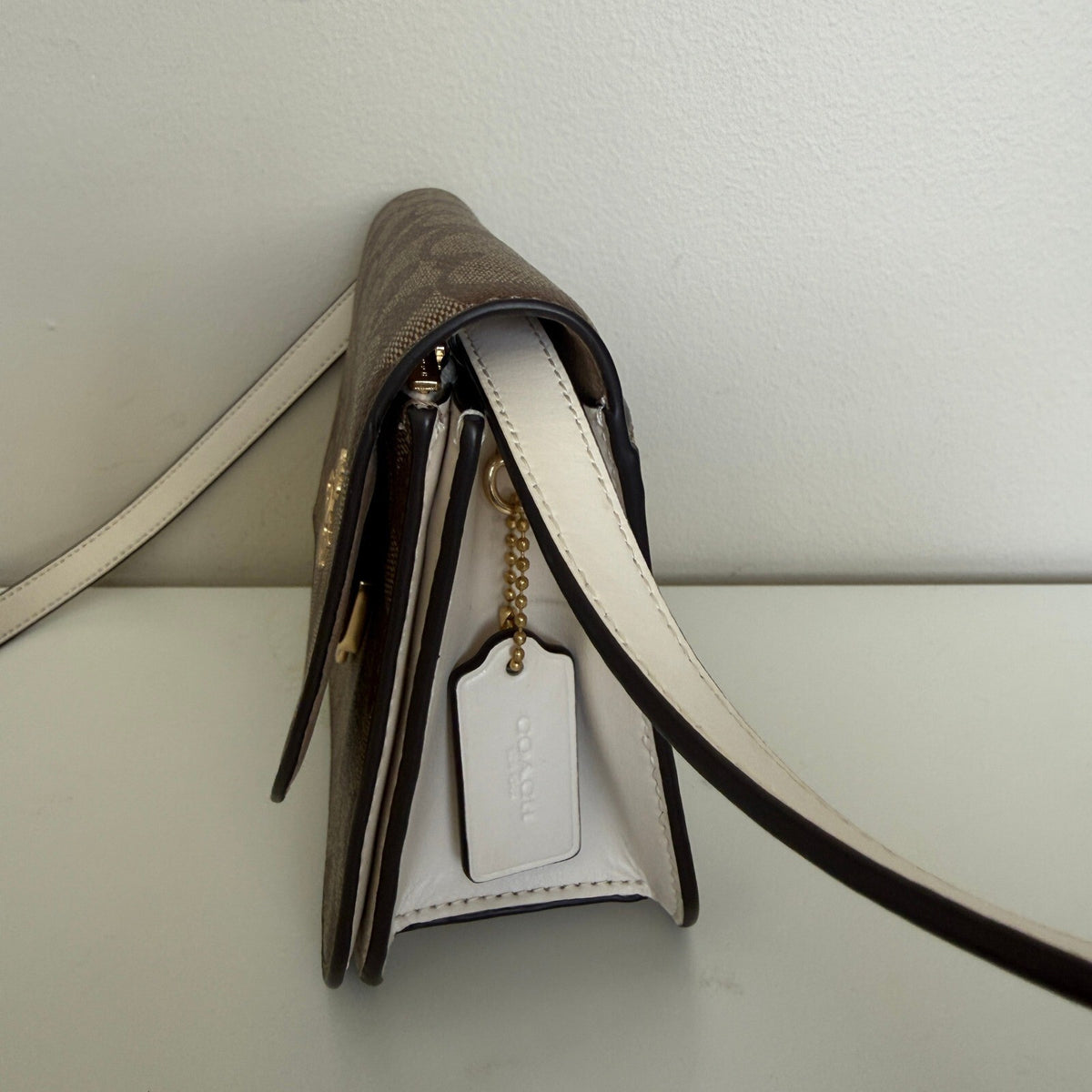 Coach Mini Brynn Flap Crossbody Bag Khaki Chalk Signature Canvas C5592