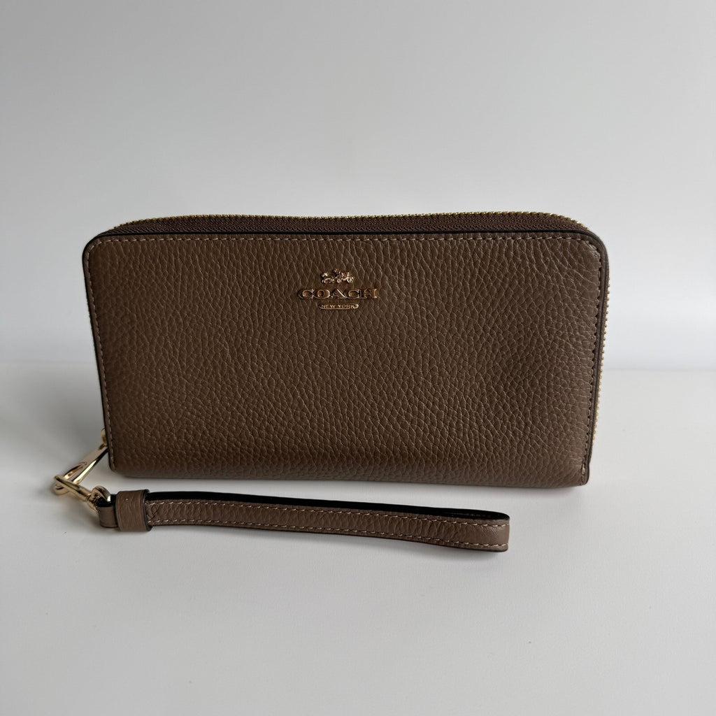Coach Long Zip Around Wallet Taupe Leather Wristlet C4451