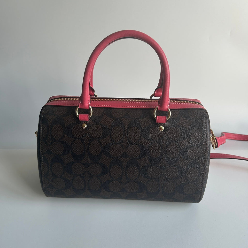 Coach Rowan Satchel Pink Brown Signature Canvas Crossbody Bag F83607