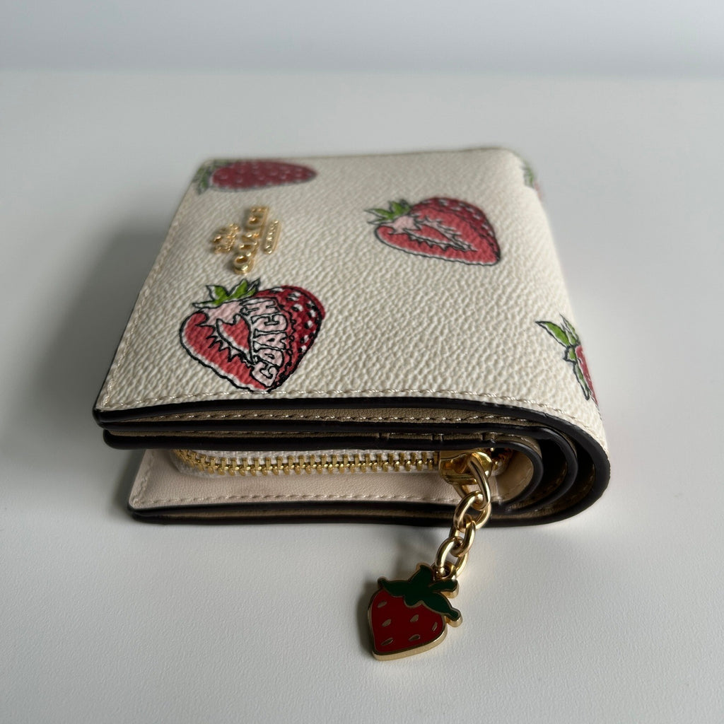 Coach Small Snap Bifold Wallet Chalk Multi Wild Strawberry Canvas Leather CAP18