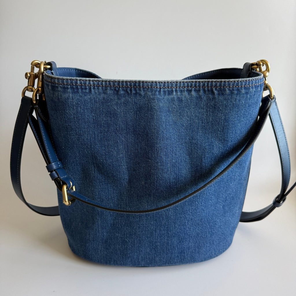 Coach Willow Bucket Bag Navy Blue Denim Leather Shoulder Crossbody CAT44