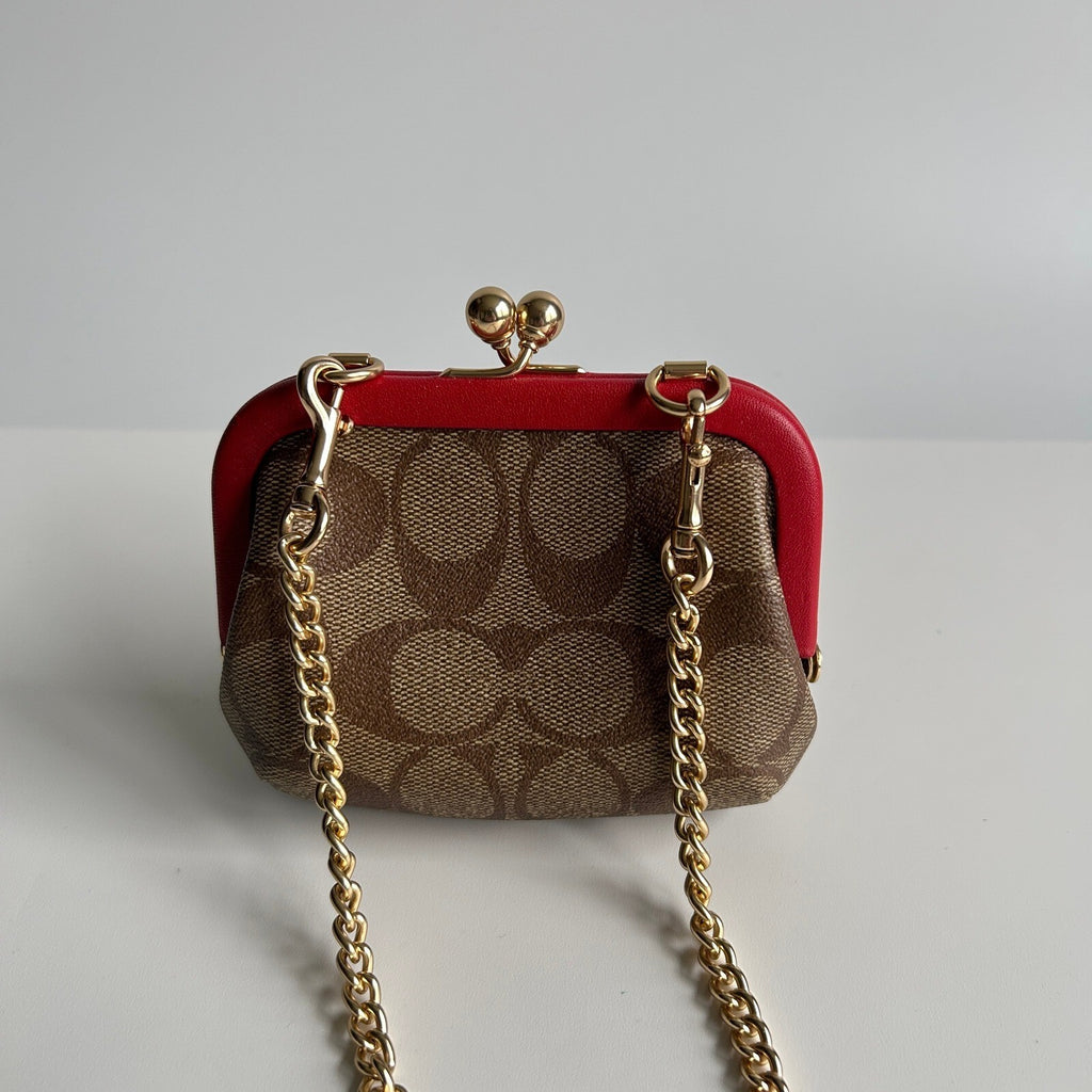Coach Nora Kisslock Card Case Red Signature Canvas Crossbody Wallet CH520