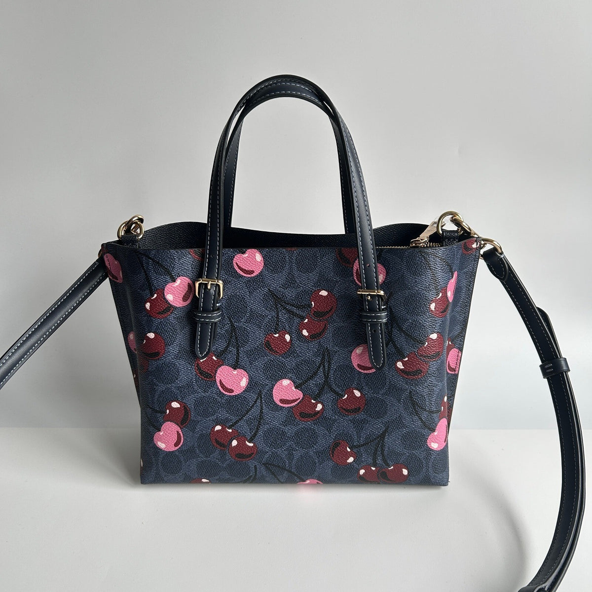 Coach Mollie Tote 25 Denim Blue Signature Canvas Cherry Print CZ772 Bag