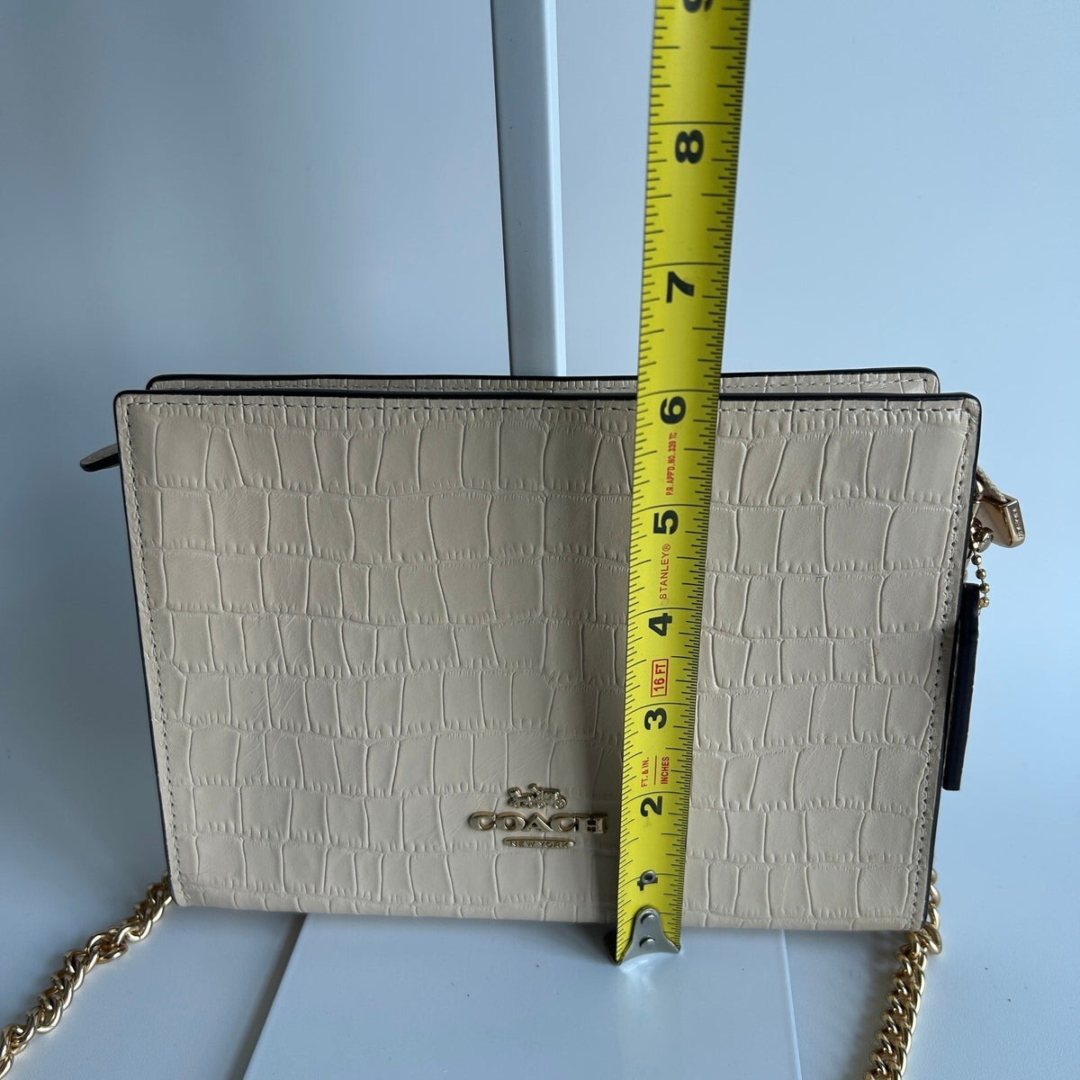 Coach Slim Crossbody Ivory Crocodile Embossed Leather Gold Chain CR237