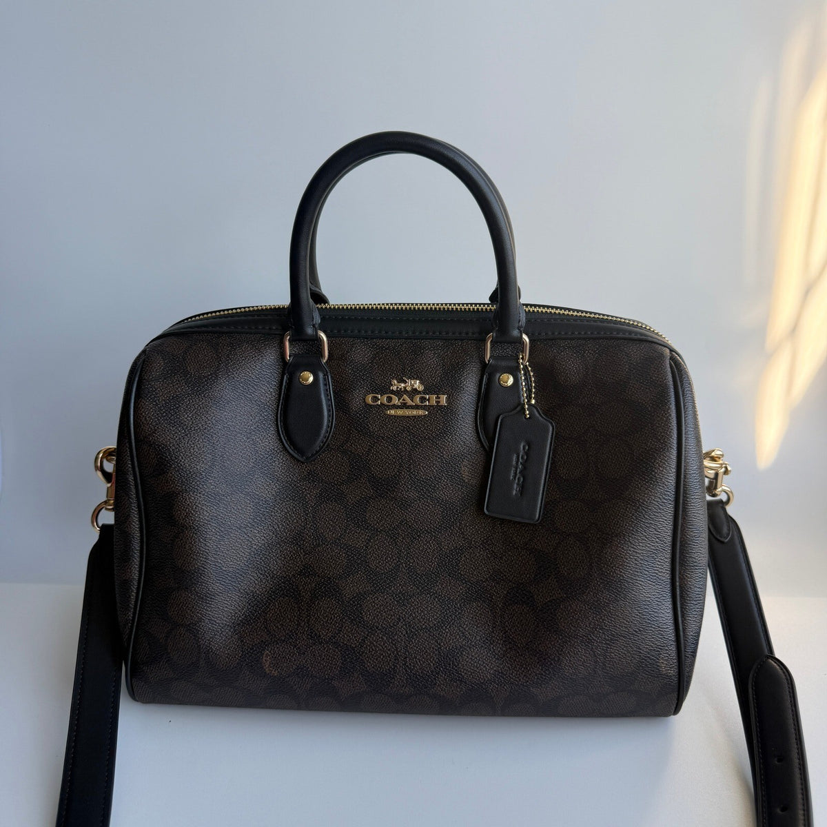 Coach Large Rowan Satchel Walnut Black Signature Canvas CV959