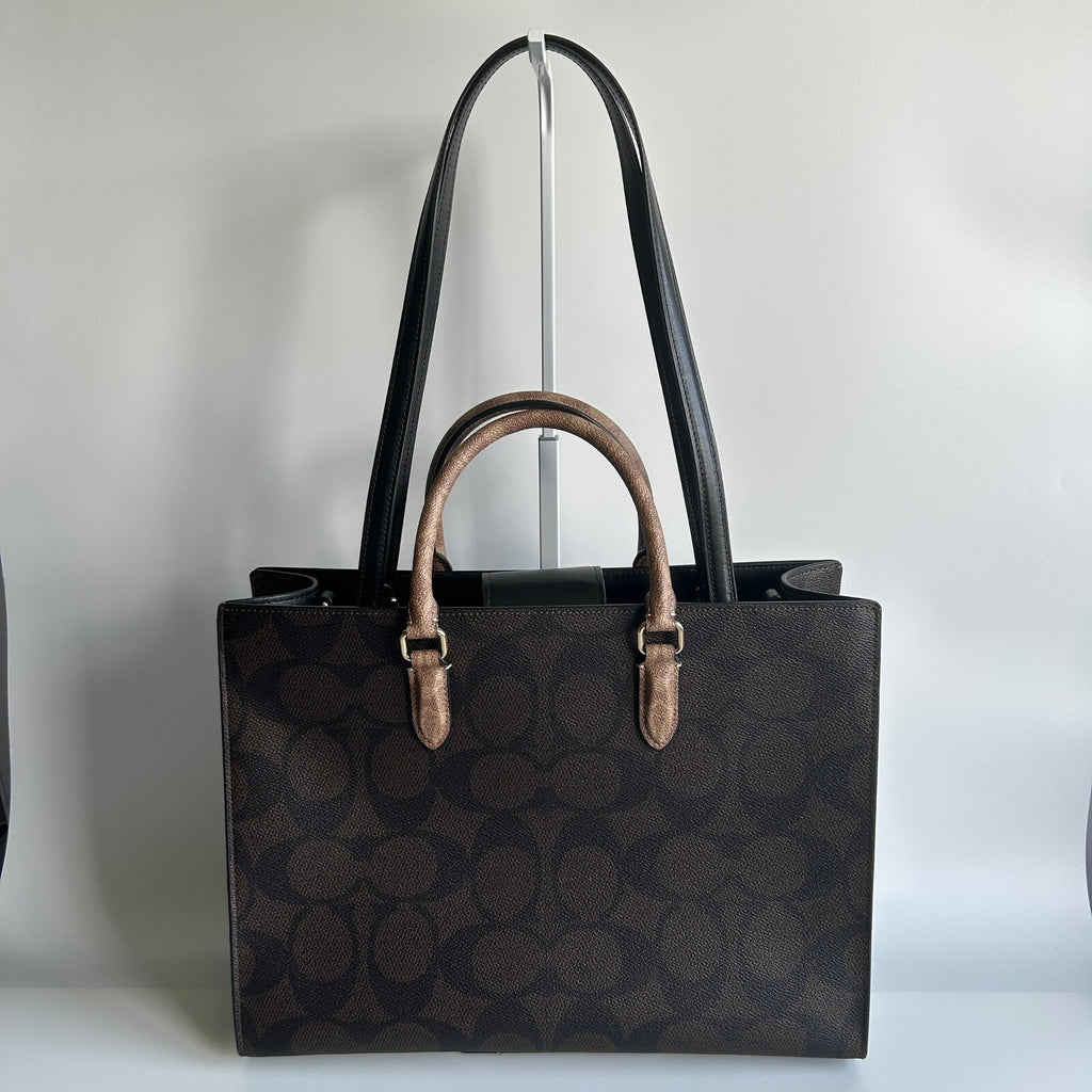 Coach Maggie Large Tote Bag Gold Tan Blocked Signature Canvas CY677