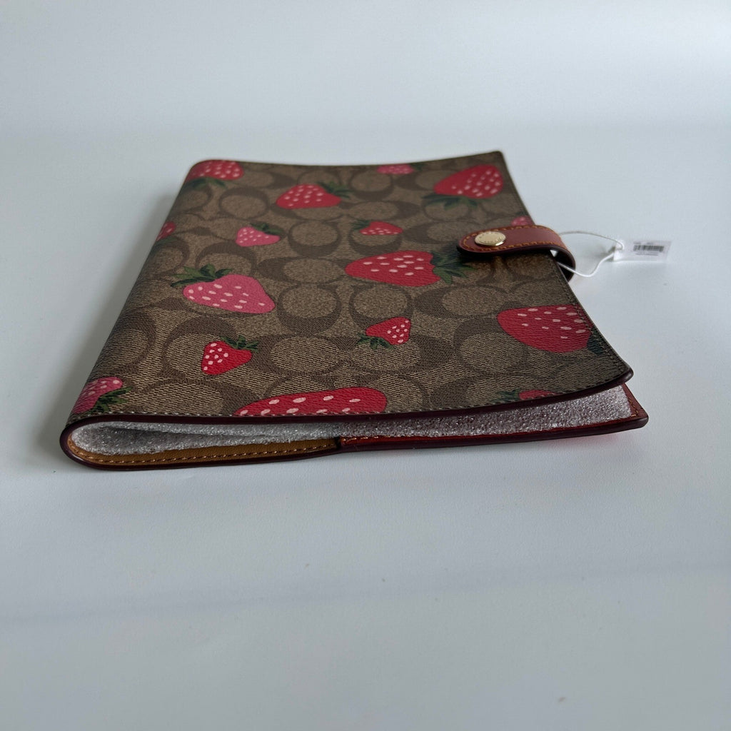 Coach Notebook Cover Signature Canvas Strawberry Print Brown Leather CH490
