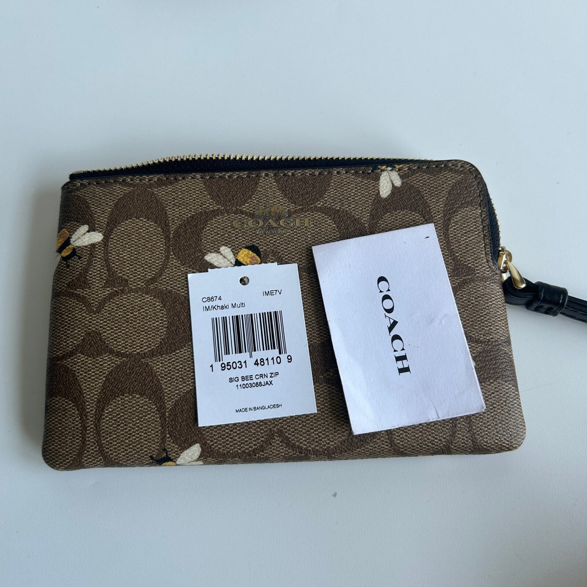 Coach Corner Zip Wristlet Khaki Multi Canvas Bee Print C8674