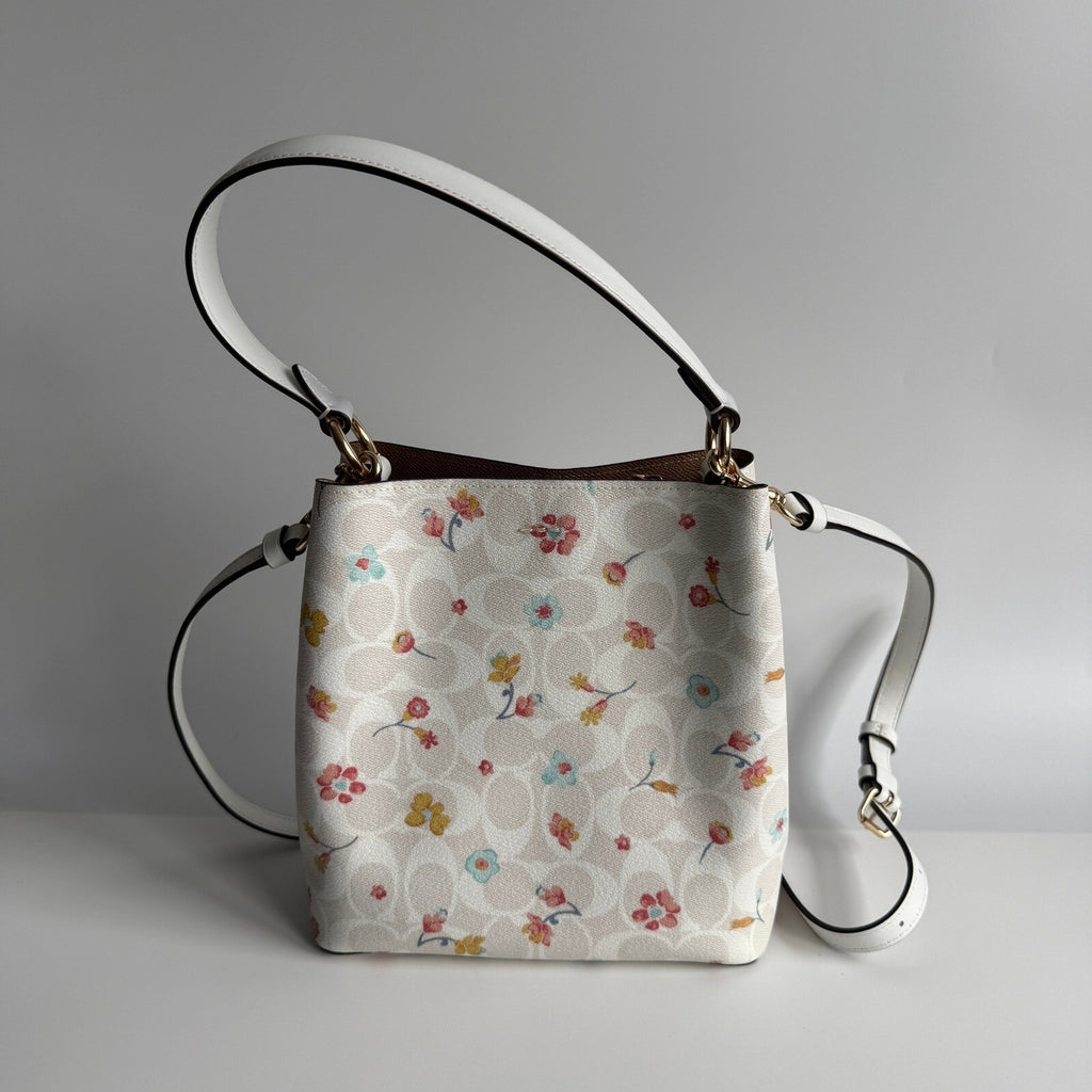Coach Small Town Bucket Bag White Signature Canvas Mystical Floral Print C8610