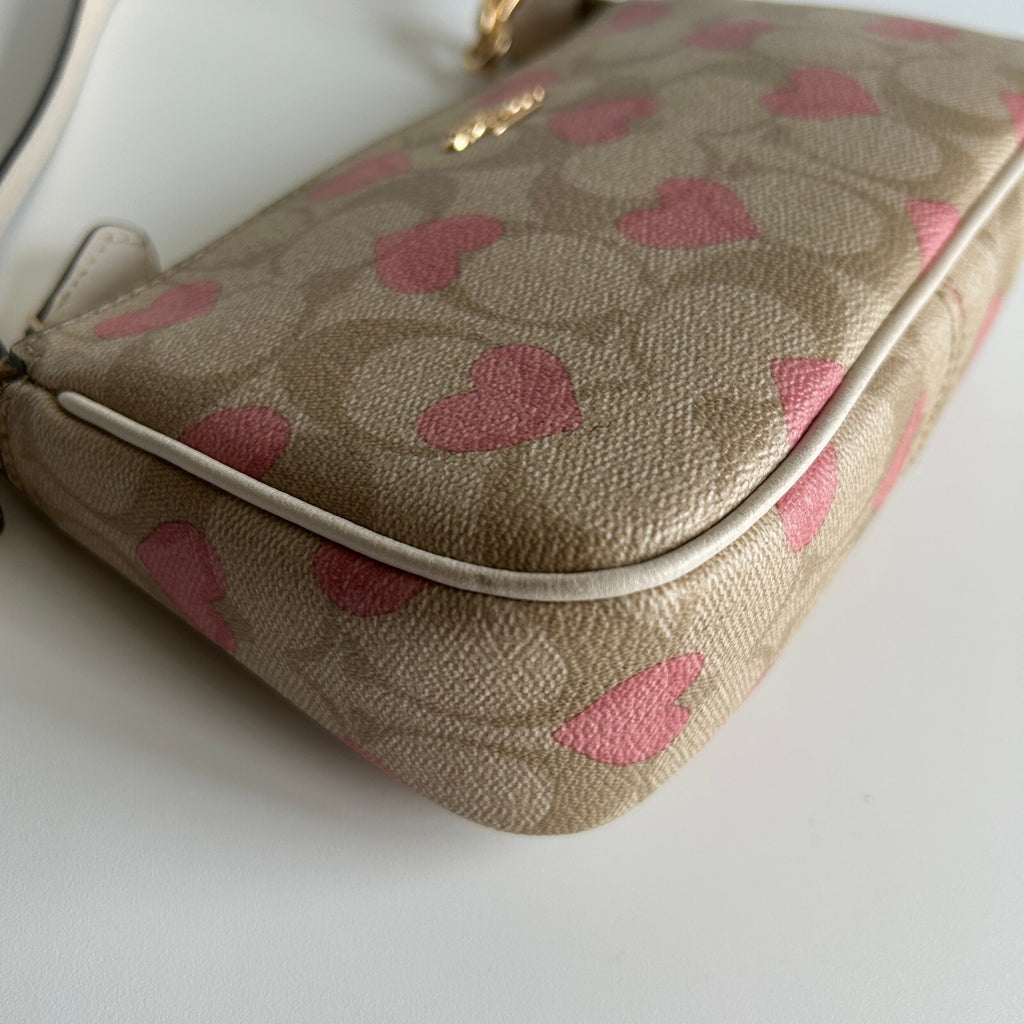 Coach Nolita 19 Pink Heart Khaki Signature Canvas Mini Shoulder Bag CQ144