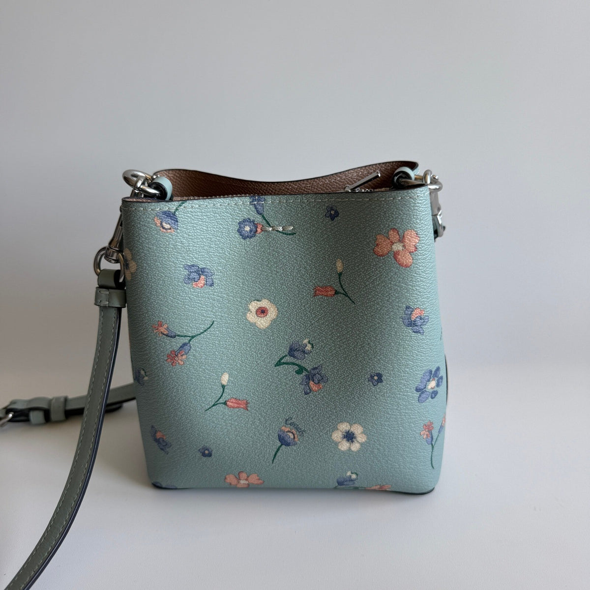 Coach Mini Town Bucket Bag Light Teal Floral Leather C8608 Crossbody