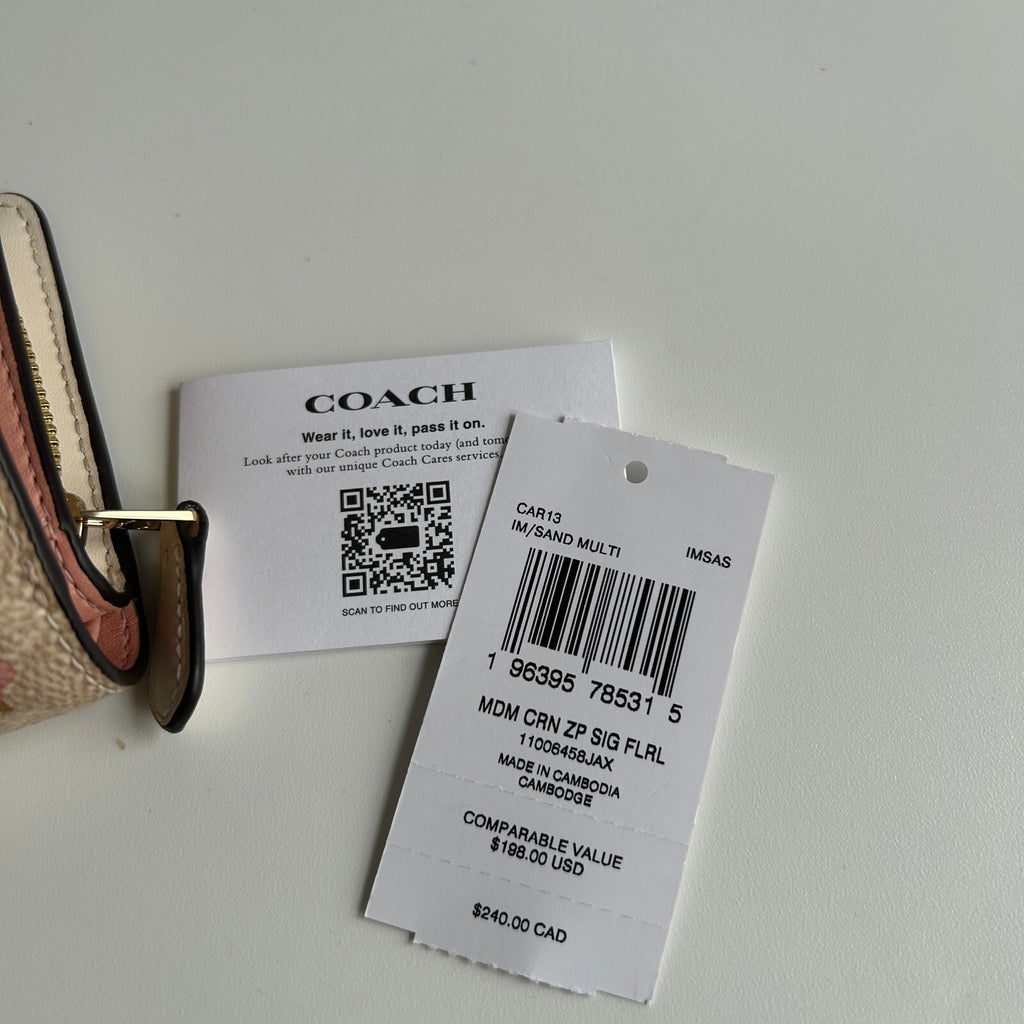 Coach Medium Corner Zip Wallet Signature Floral Sand Multi Canvas Leather CAR13
