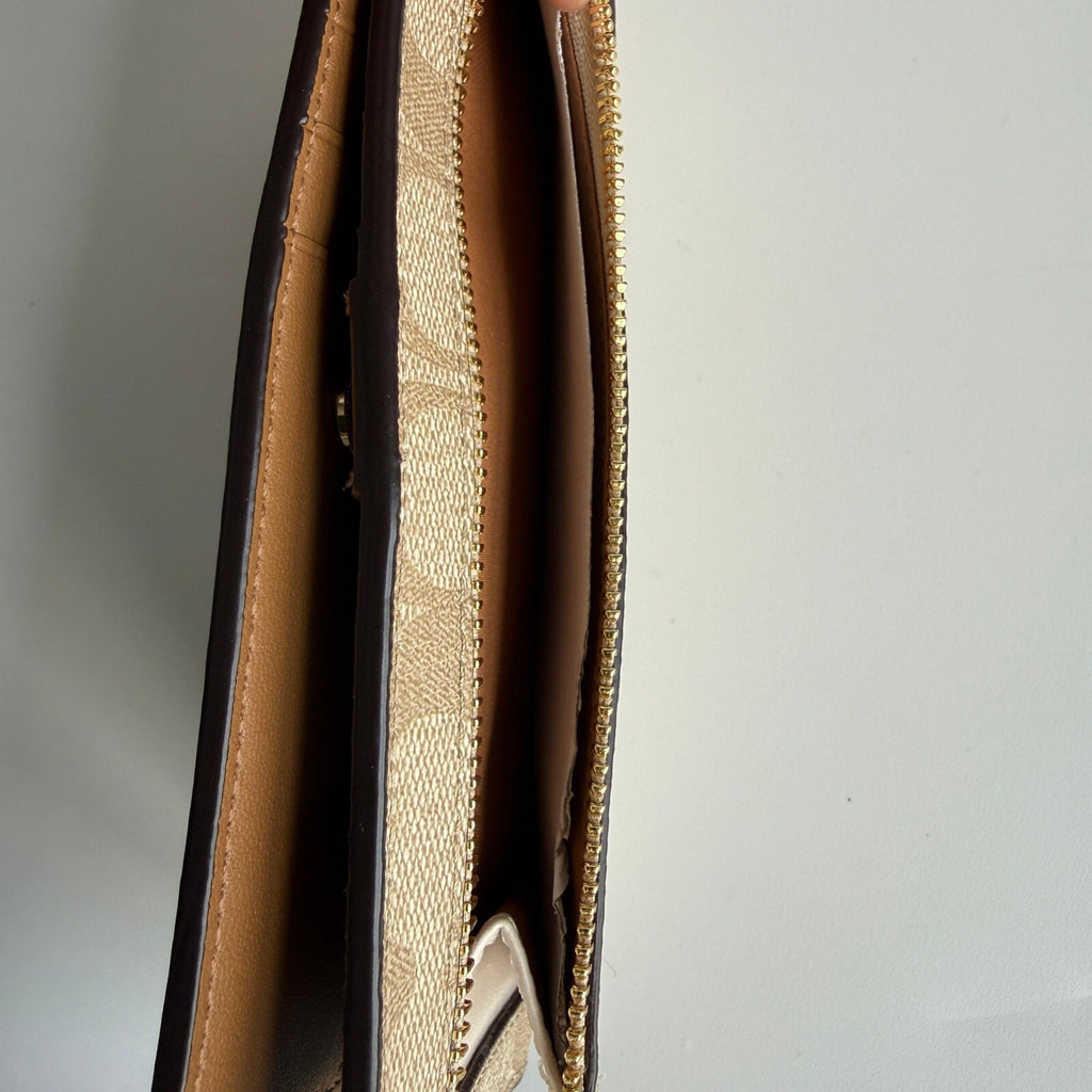 Coach Slim Wallet Khaki Signature Canvas Smooth Leather C3549