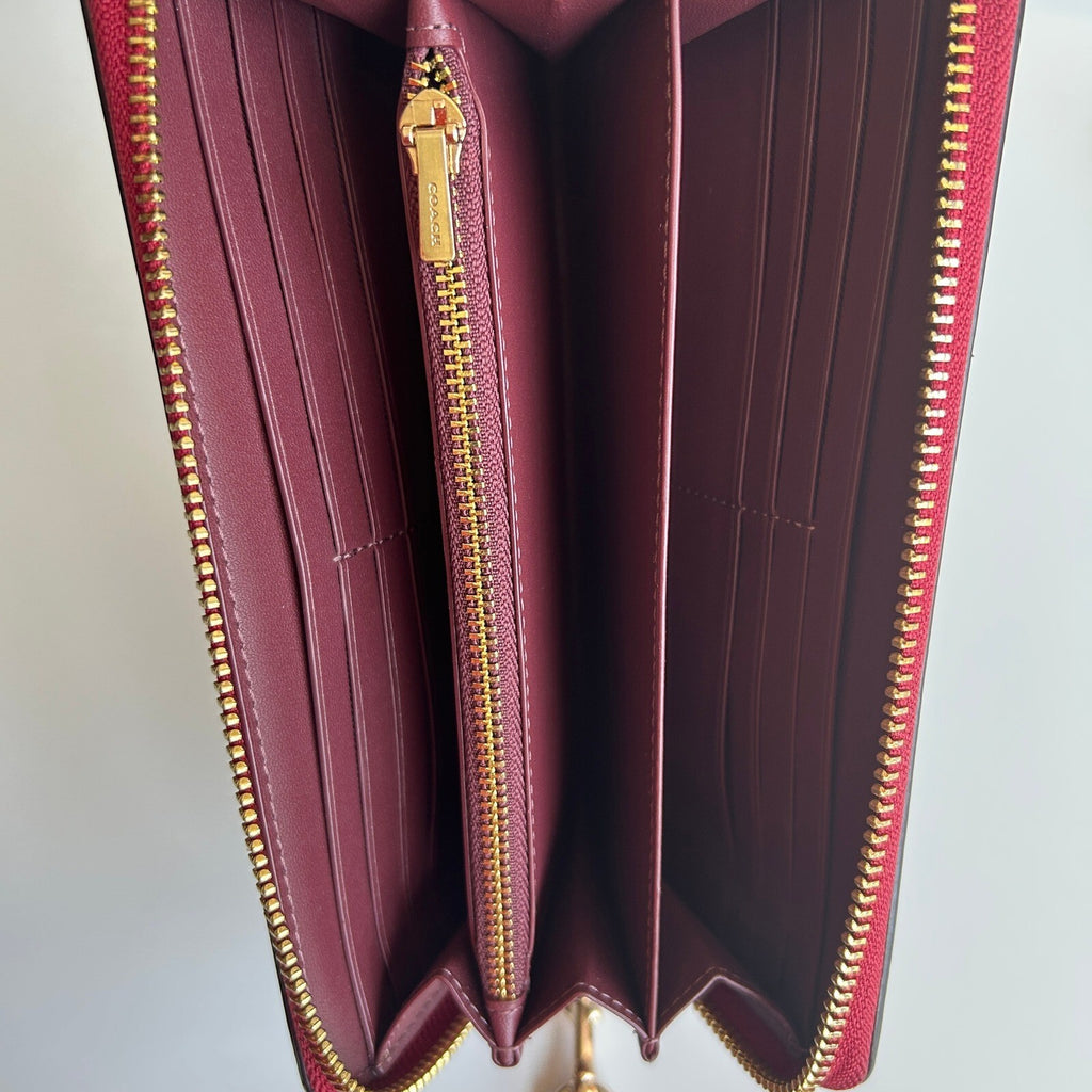 Coach Long Zip Around Wallet Brown Red Signature Canvas Wristlet C4452