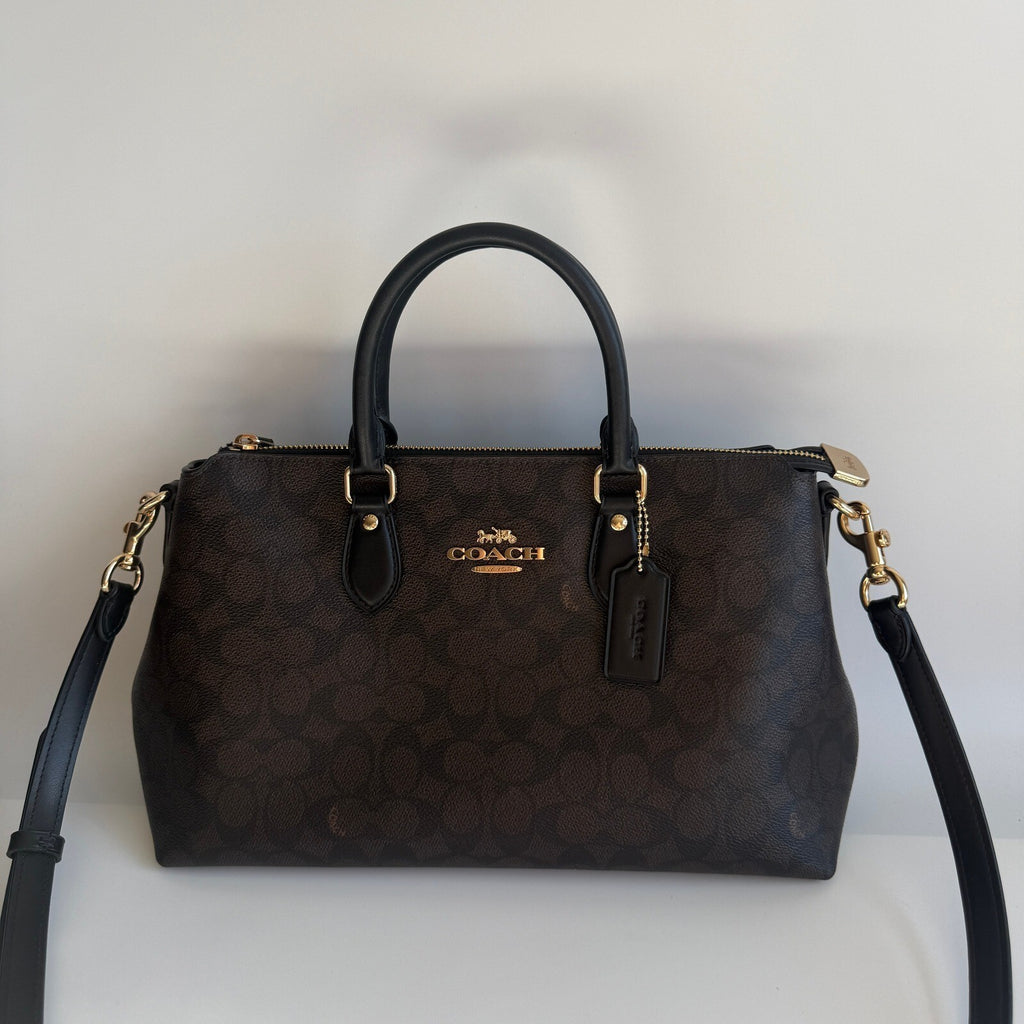 Coach Georgia Satchel Walnut Black Signature Canvas Bag CW422