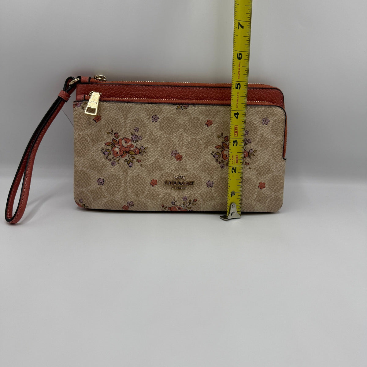 Coach Double Zip Wristlet Wallet Floral Sand Multi Signature Canvas CAY49