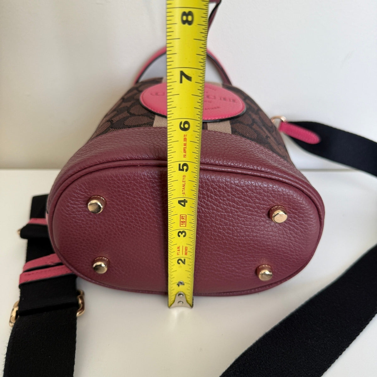 Coach Mini Dempsey Bucket Bag Pink Signature Jacquard Stripe Patch C8322