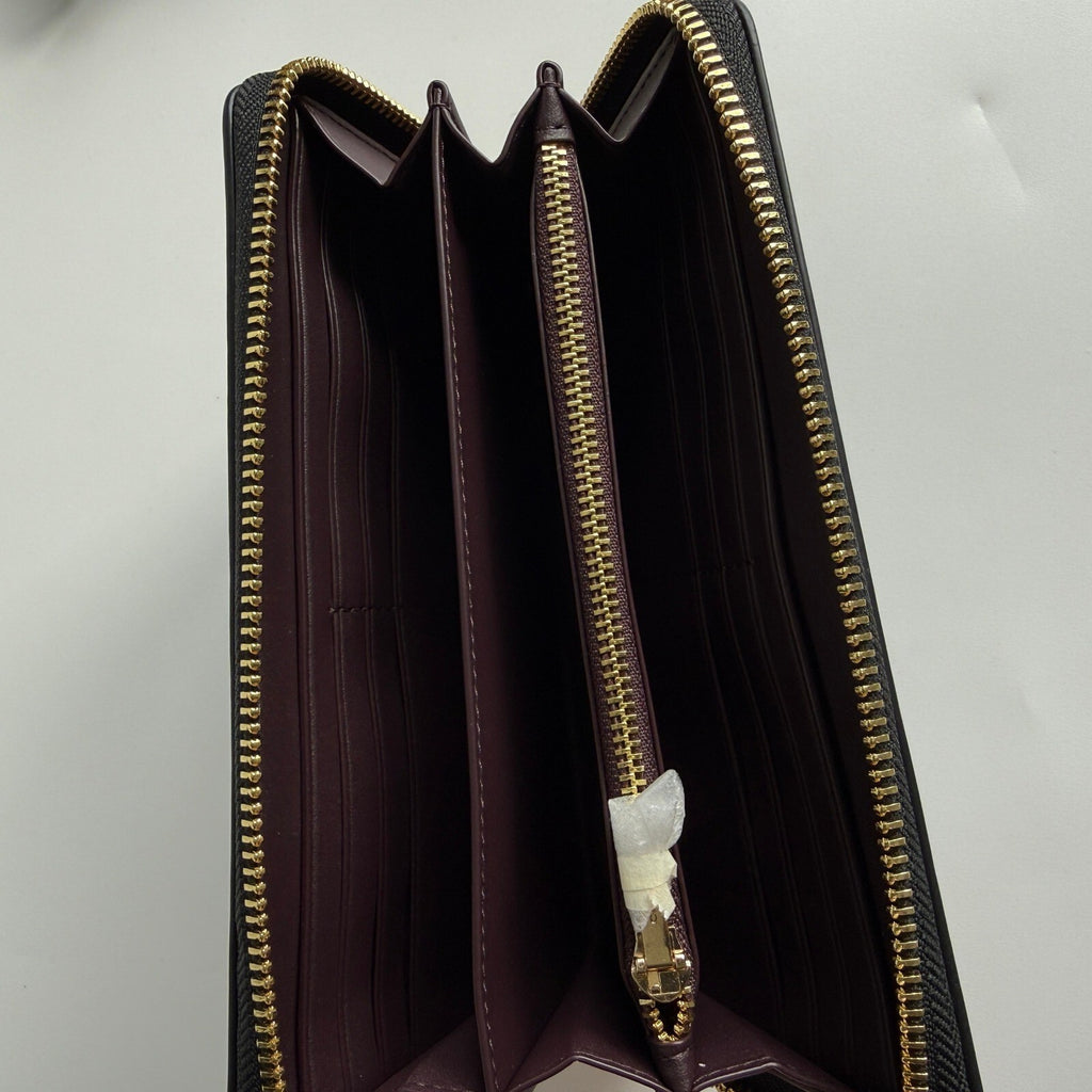 Coach Long Zip Around Black Signature Embossed Leather Wallet CEW21