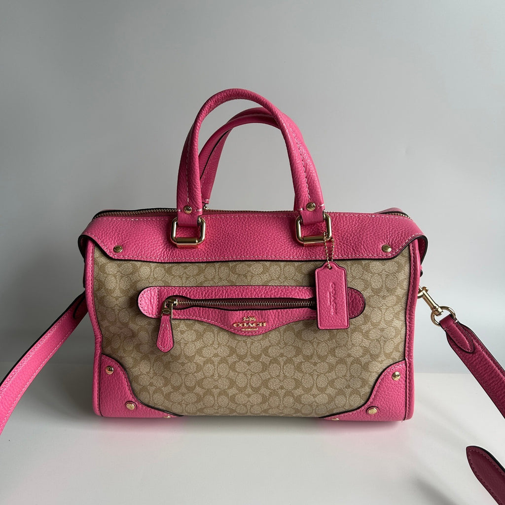 Coach Millie Satchel Light Khaki Petunia Pink Signature Canvas Bag CE637