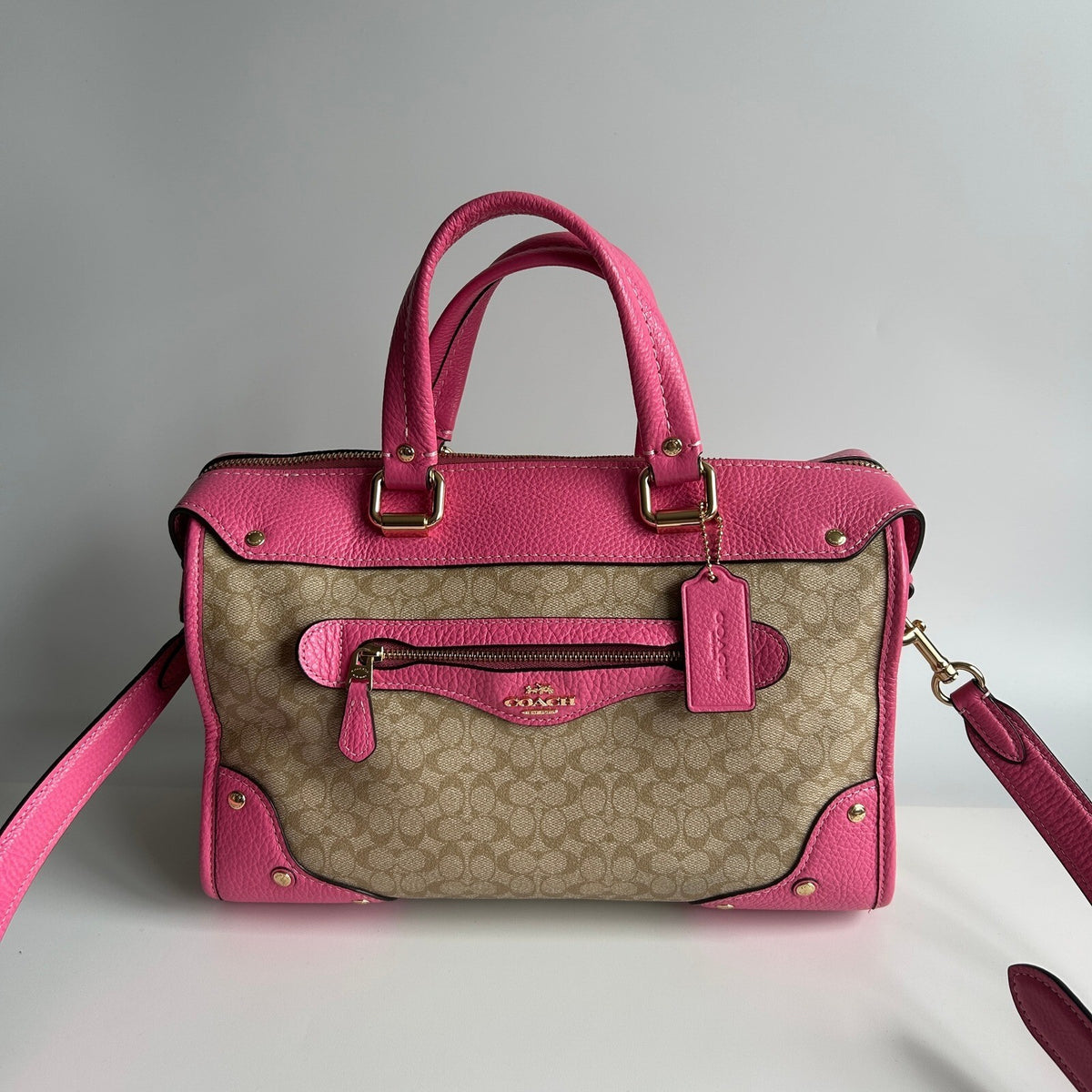 Coach Millie Satchel Light Khaki Petunia Pink Signature Canvas Bag CE637