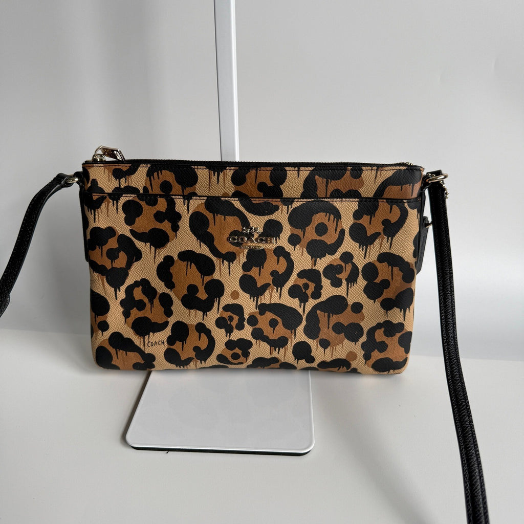Coach Wild Beast Brown Black Leopard Drip Print Canvas Leather Crossbody F36592