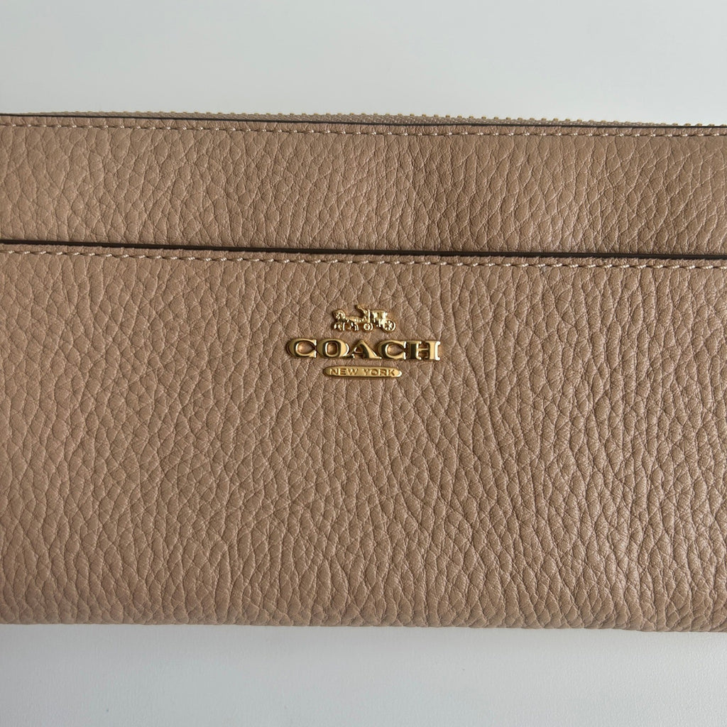 Coach Accordion Zip Wallet Taupe Beige Pebble Leather Wristlet 6643