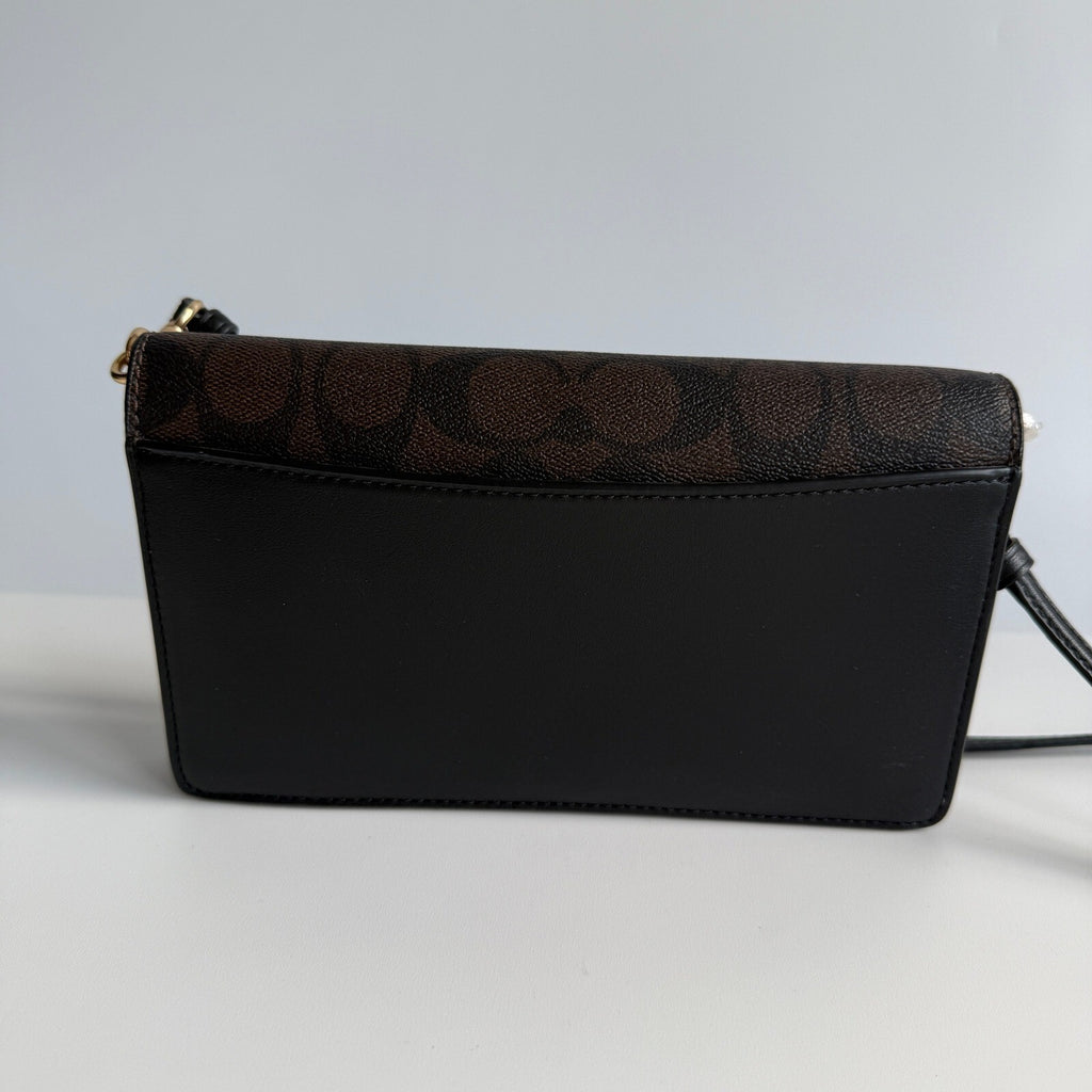 Coach Anna Foldover Crossbody Clutch Brown Black Signature Coated Canvas 3036