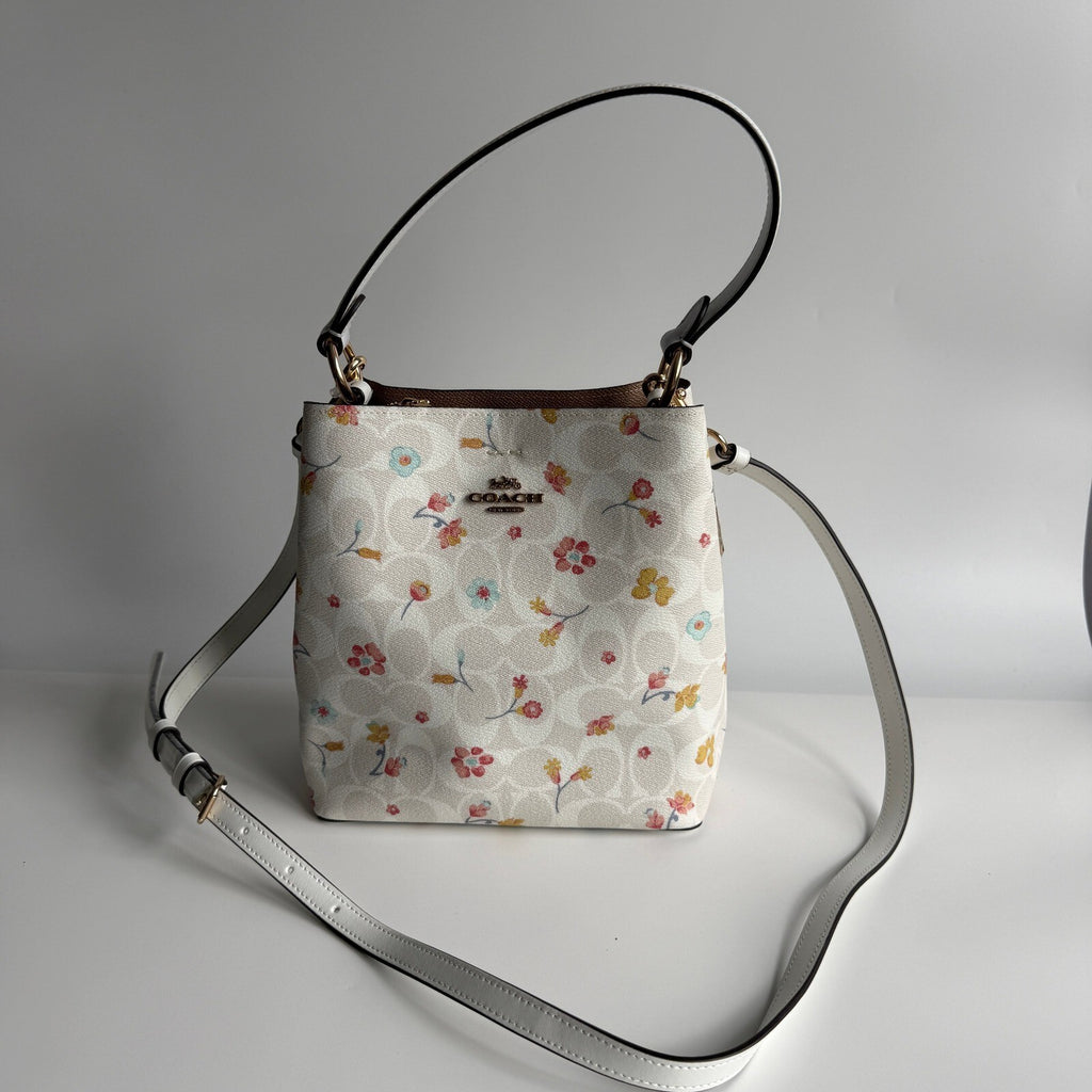 Coach Small Town Bucket Bag White Signature Canvas Mystical Floral Print C8610