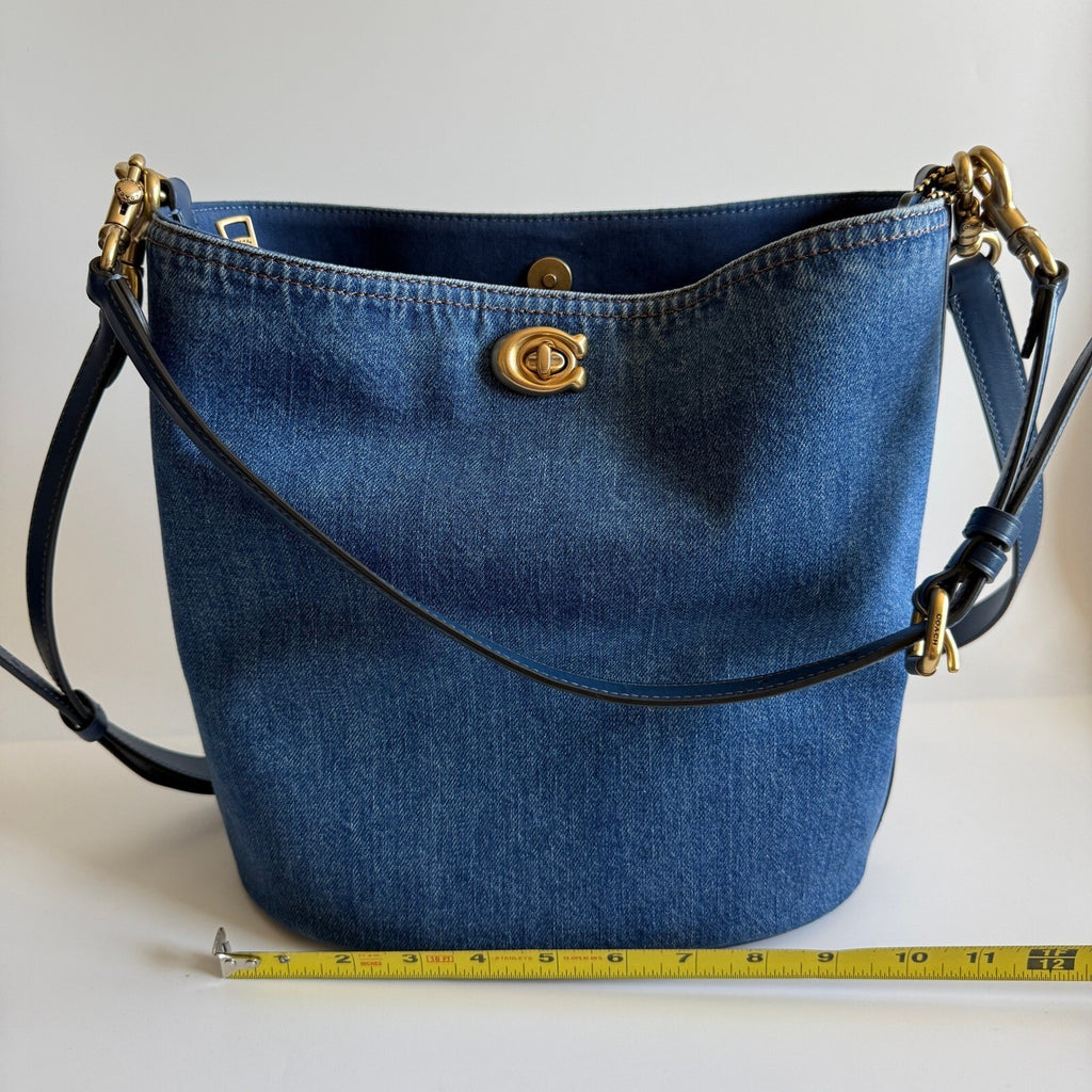Coach Willow Bucket Bag Navy Blue Denim Leather Shoulder Crossbody CAT44