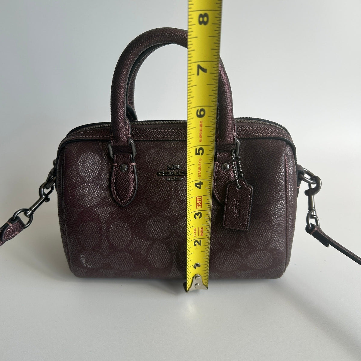 Coach Mini Rowan Satchel Metallic Burgundy Signature Canvas Crossbody Bag CX186