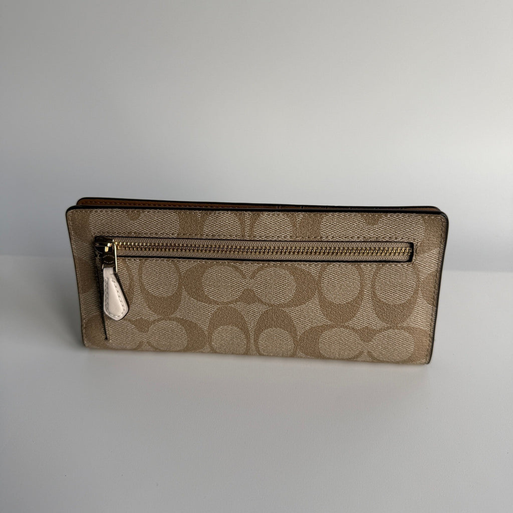 Coach Slim Wallet Khaki Signature Canvas Smooth Leather C3549