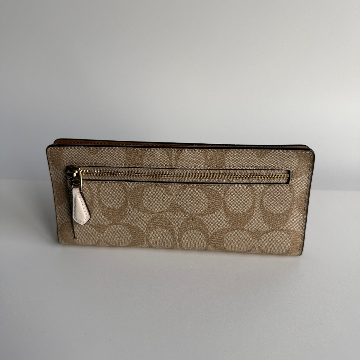 Coach Slim Wallet Khaki Signature Canvas Smooth Leather C3549