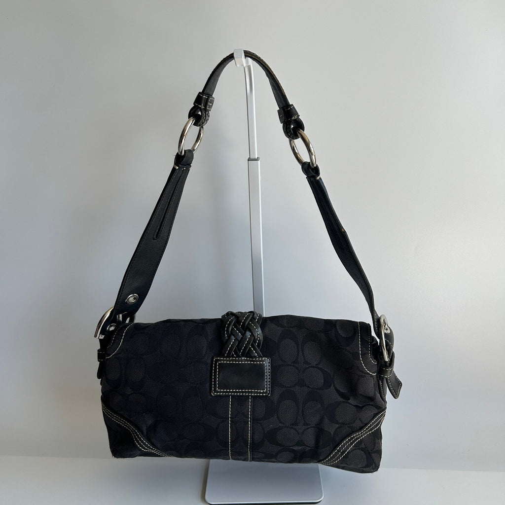 Coach Soho Signature Flap Black Canvas Leather Shoulder Bag 6314