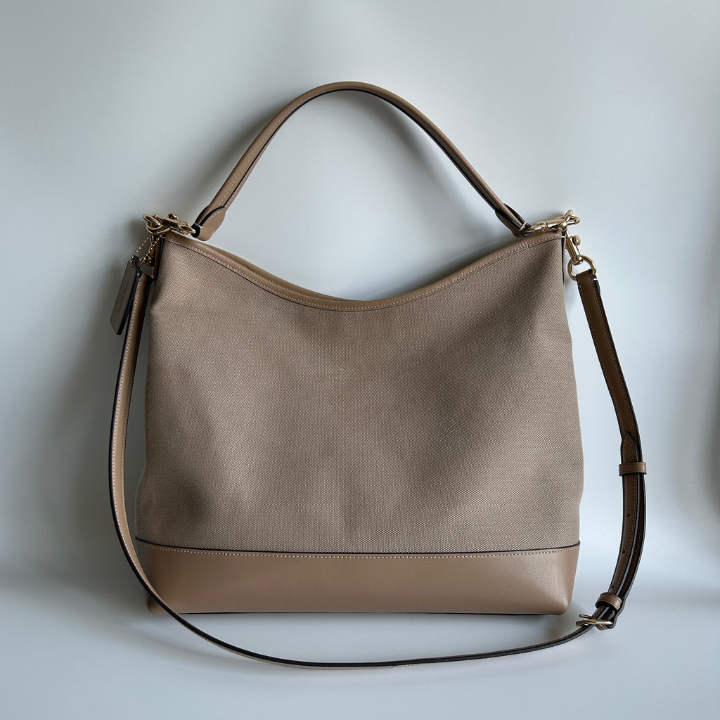 Coach Laurel Large Shoulder Bag Taupe Canvas Leather CAK92 Good