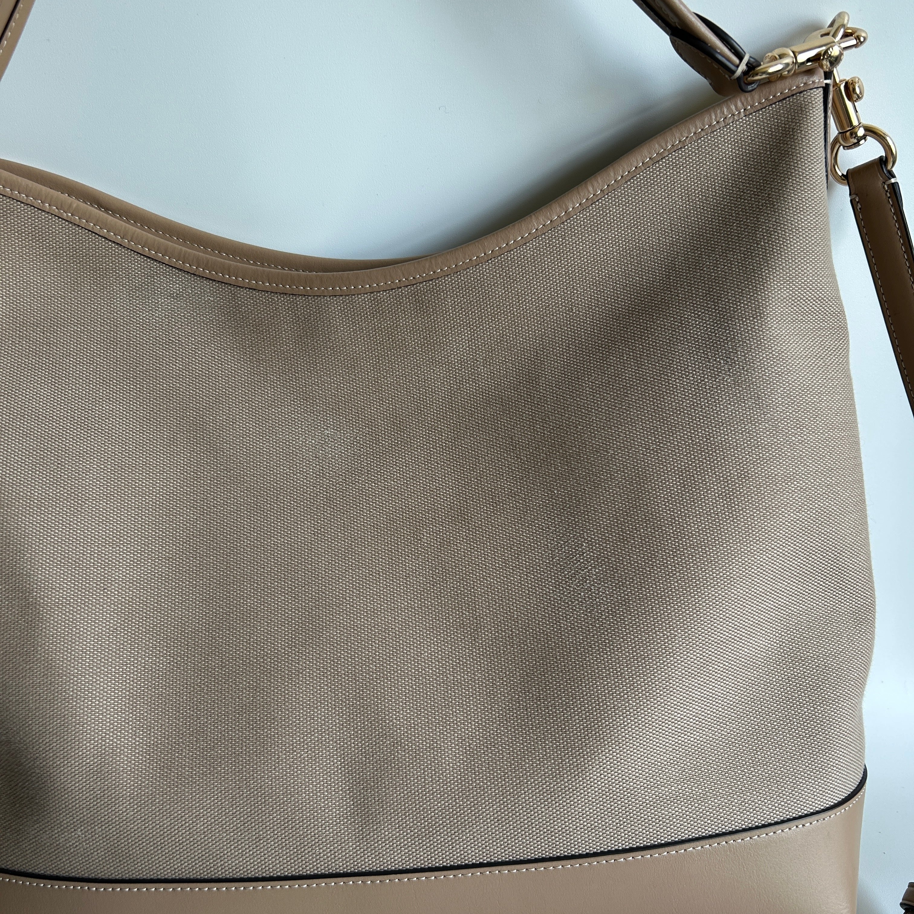 Coach Laurel Large Shoulder Bag Taupe Canvas Leather CAK92 Good