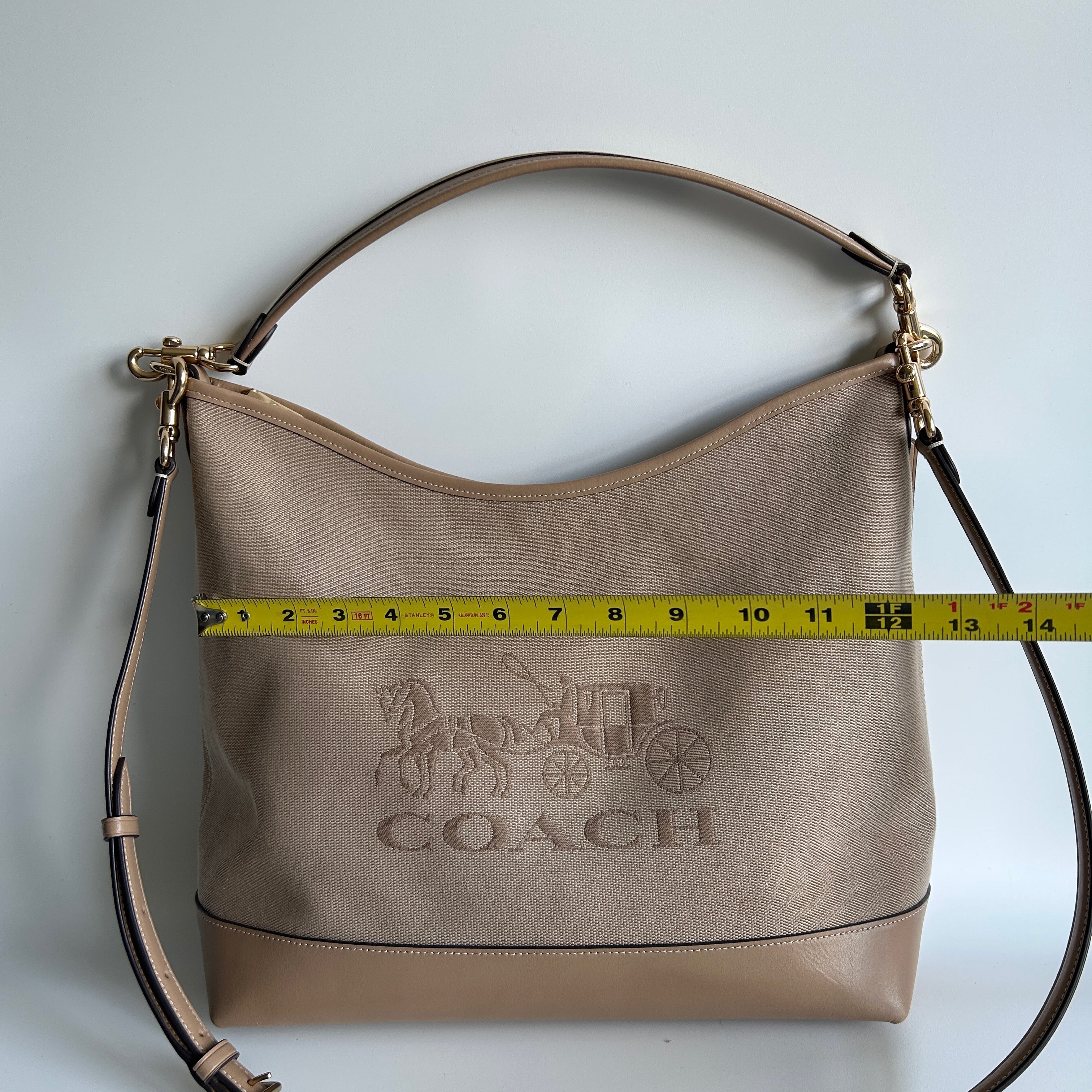 Coach Laurel Large Shoulder Bag Taupe Canvas Leather CAK92 Good