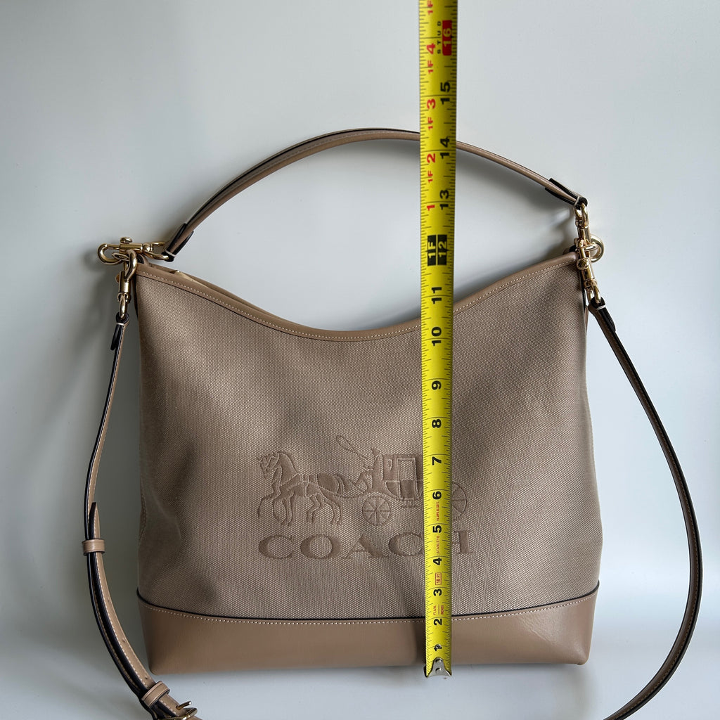 Coach Laurel Large Shoulder Bag Taupe Canvas Leather CAK92 Good
