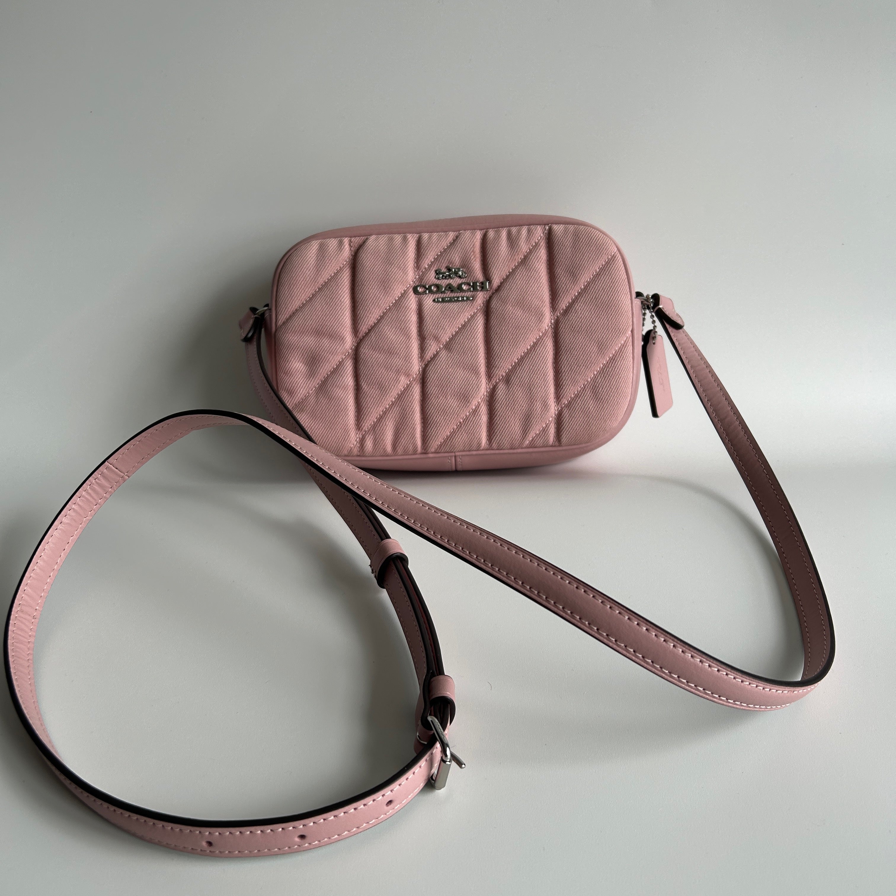 Coach Mini Jamie Camera Bag Pink Quilted Denim Leather CBR08 Good