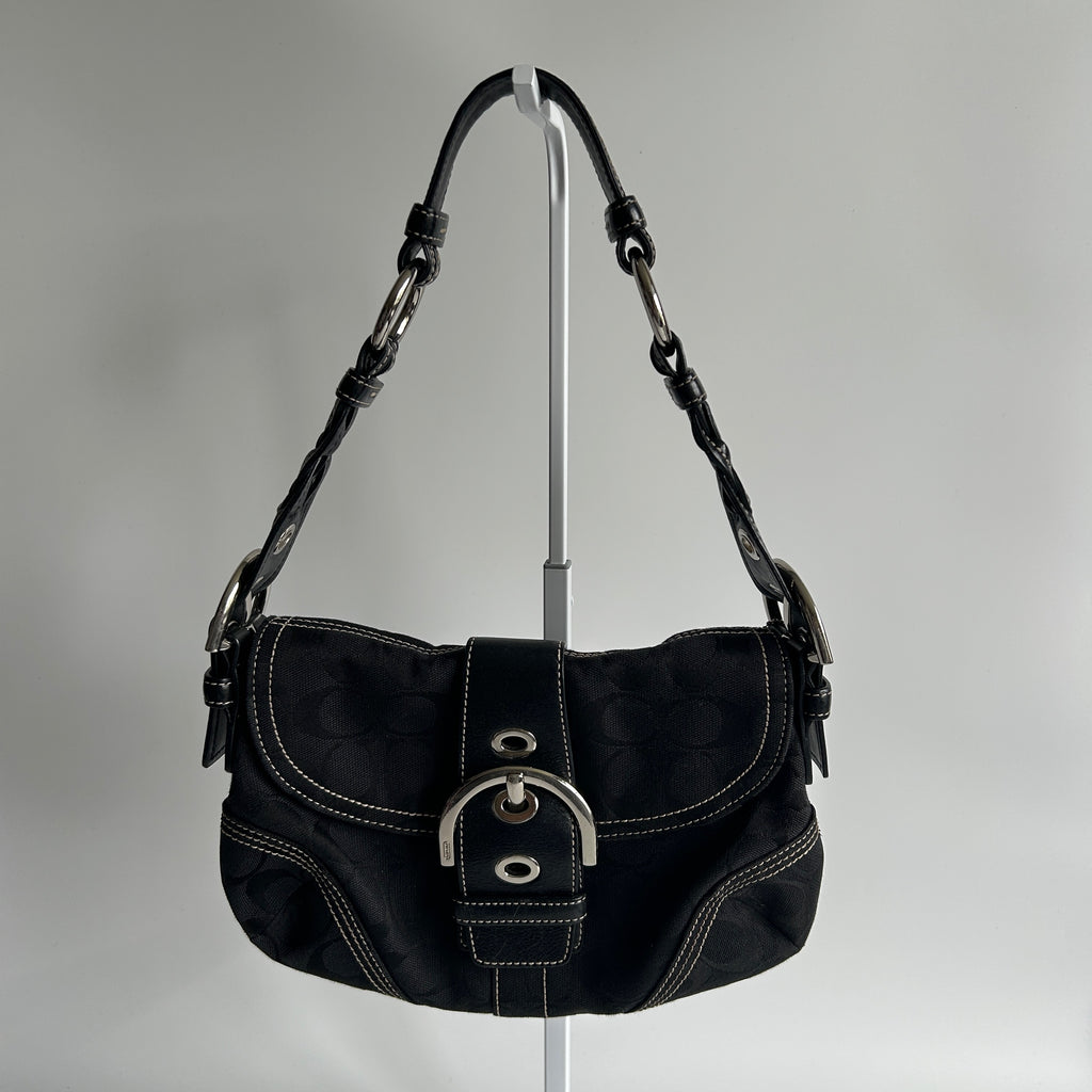 Coach Soho Flap Black Signature Canvas Leather Shoulder Bag Excellent