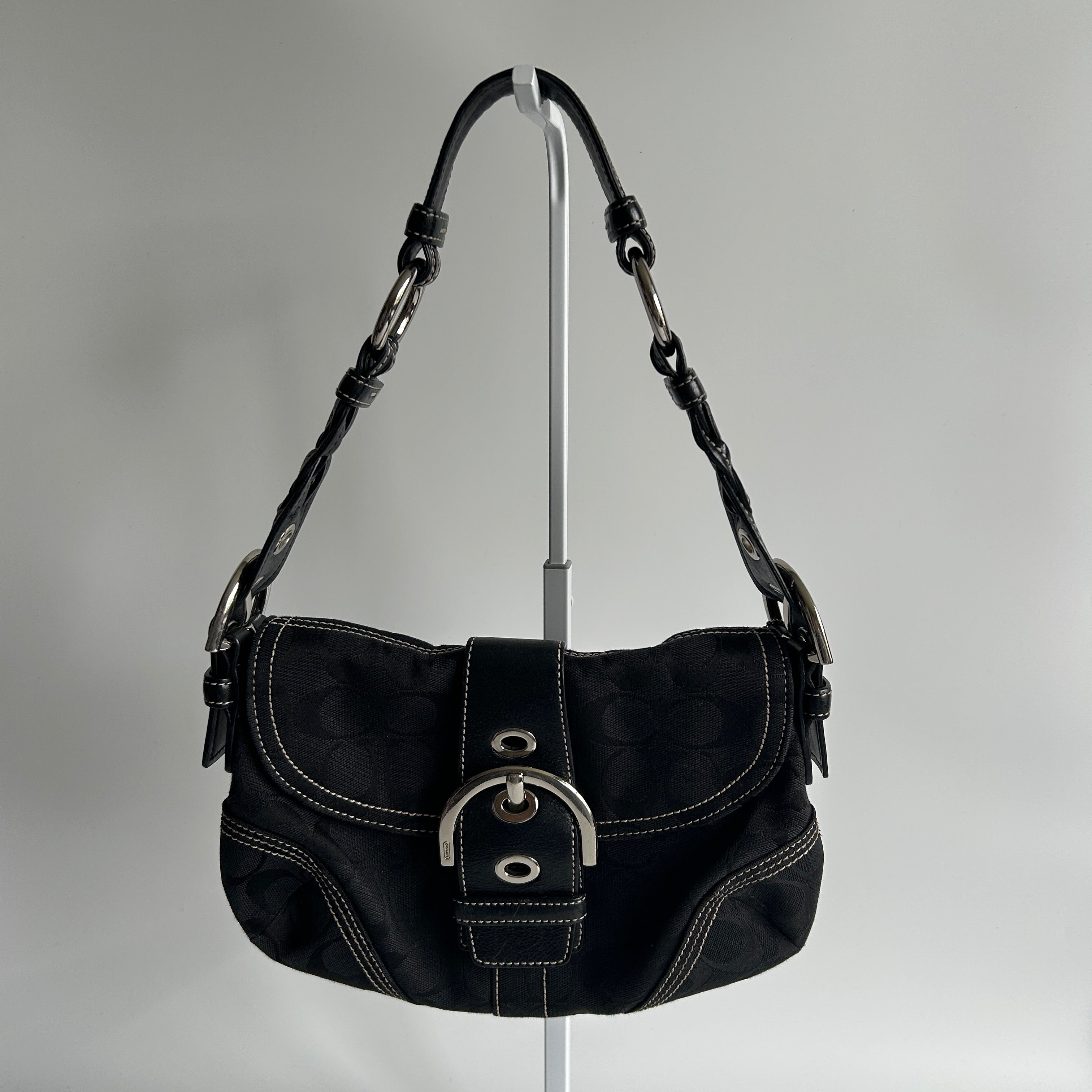 Coach Soho Flap Black Signature Canvas Leather Shoulder Bag Excellent