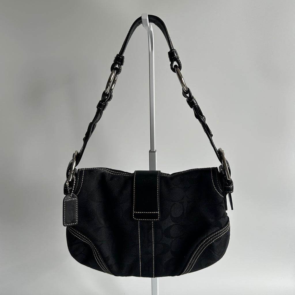 Coach Soho Flap Black Signature Canvas Leather Shoulder Bag Excellent