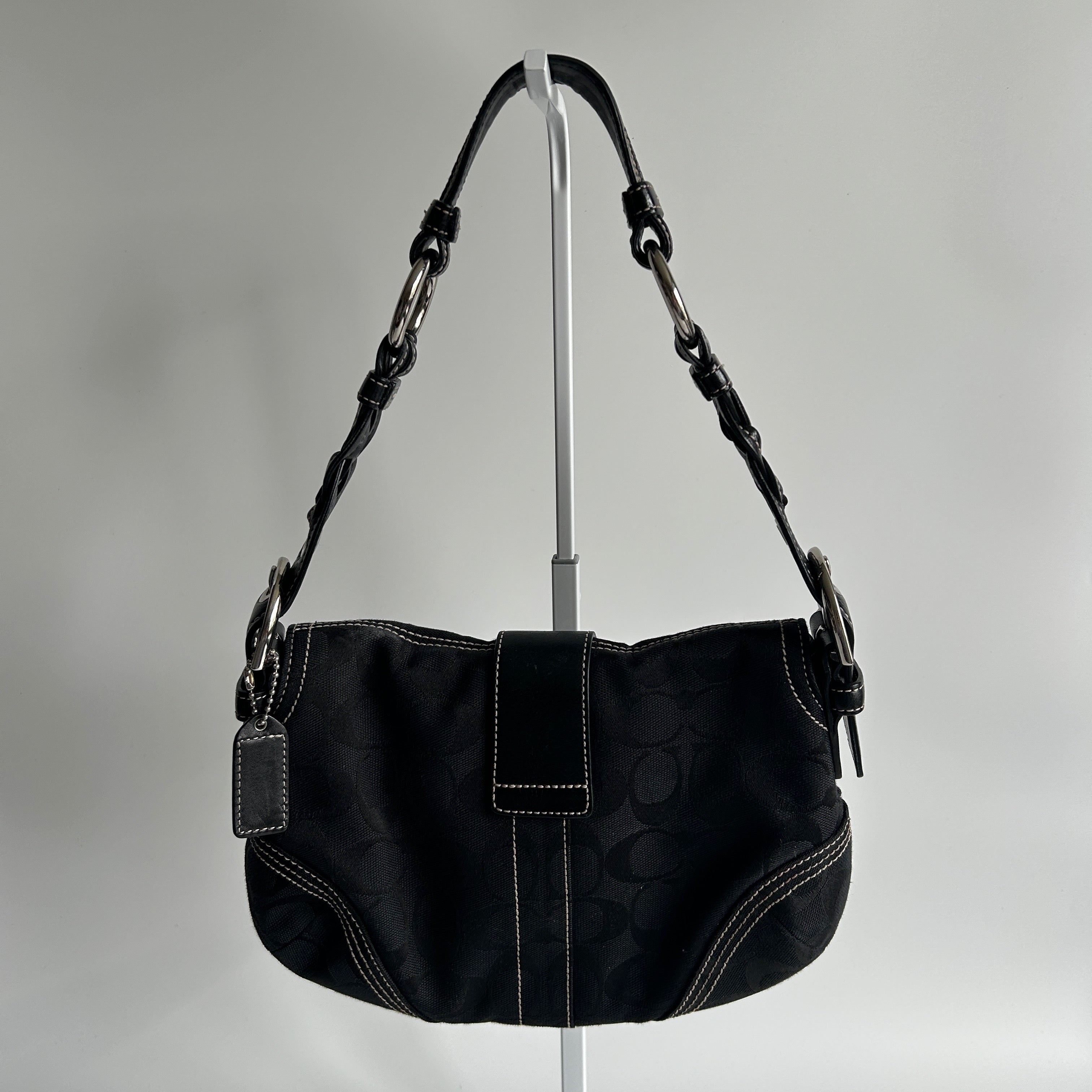 Coach Soho Flap Black Signature Canvas Leather Shoulder Bag Excellent
