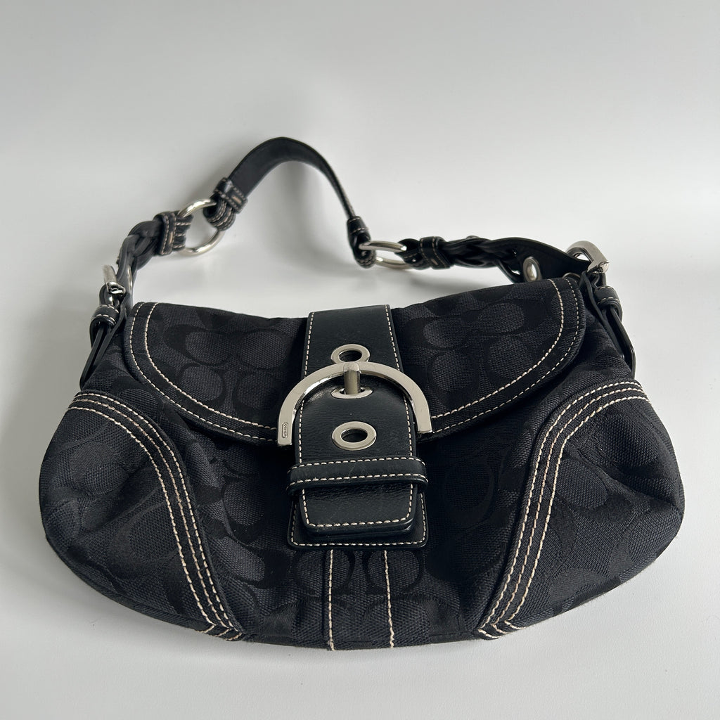 Coach Soho Flap Black Signature Canvas Leather Shoulder Bag Excellent